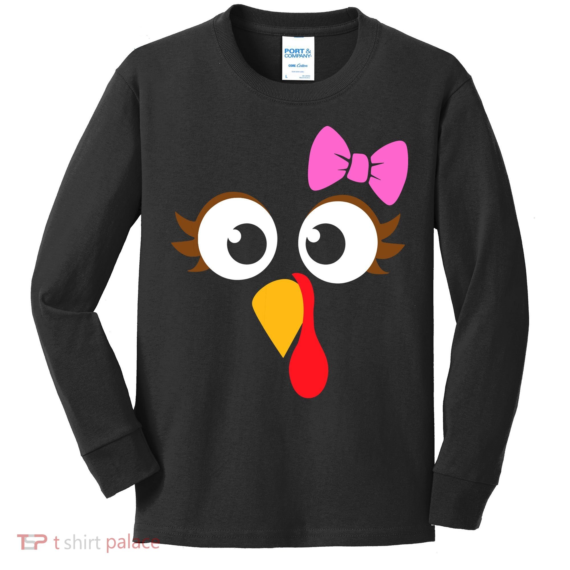 Turkey Face Girl Pink Bow, Thanksgiving Gift Kids Long Sleeve Shirt