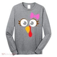 Turkey Face Girl Pink Bow, Thanksgiving Gift Long Sleeve Shirt thumb 0