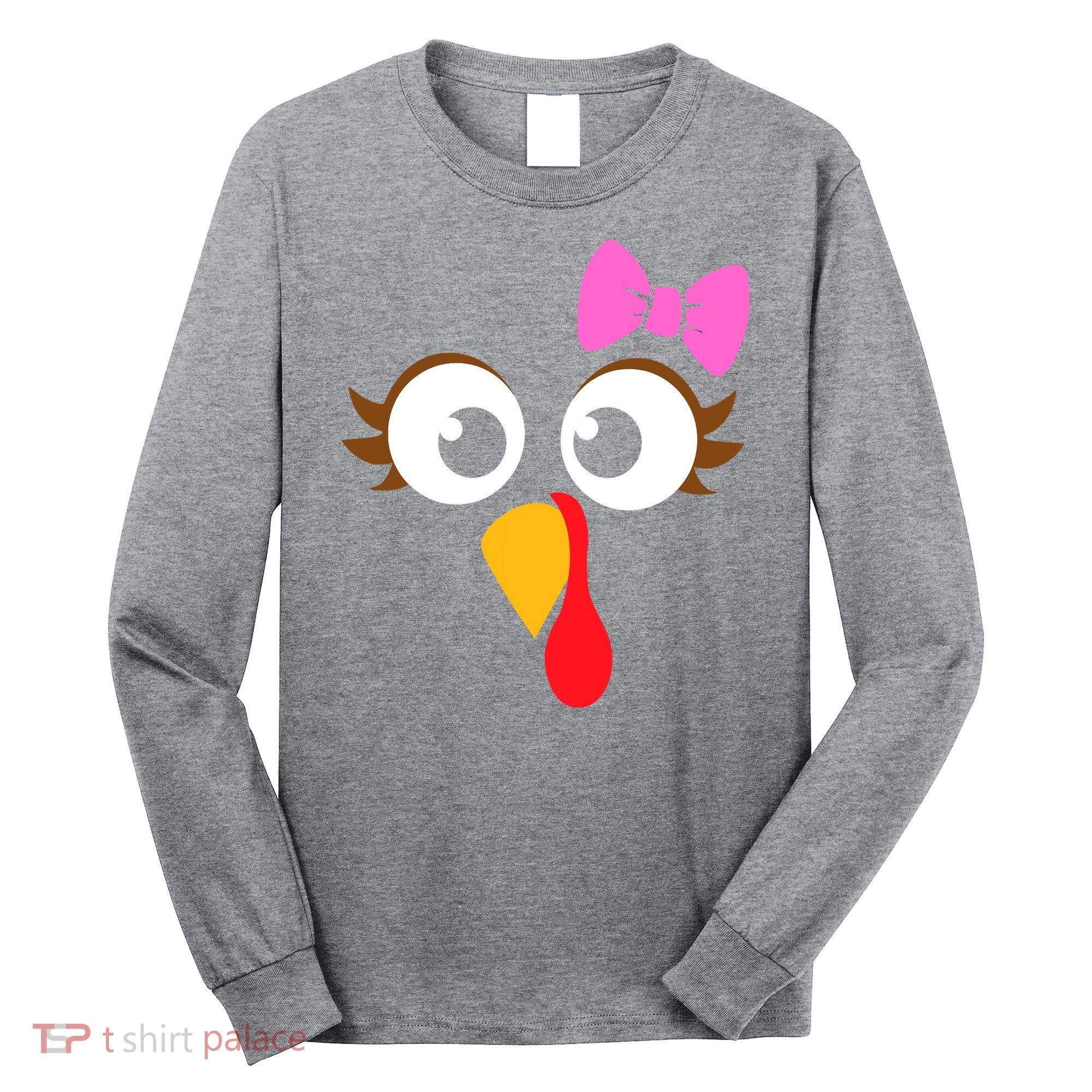 Turkey Face Girl Pink Bow, Thanksgiving Gift Long Sleeve Shirt