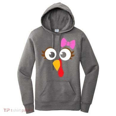 Turkey Face Girl Pink Bow, Thanksgiving Gift Women's Hoodie
