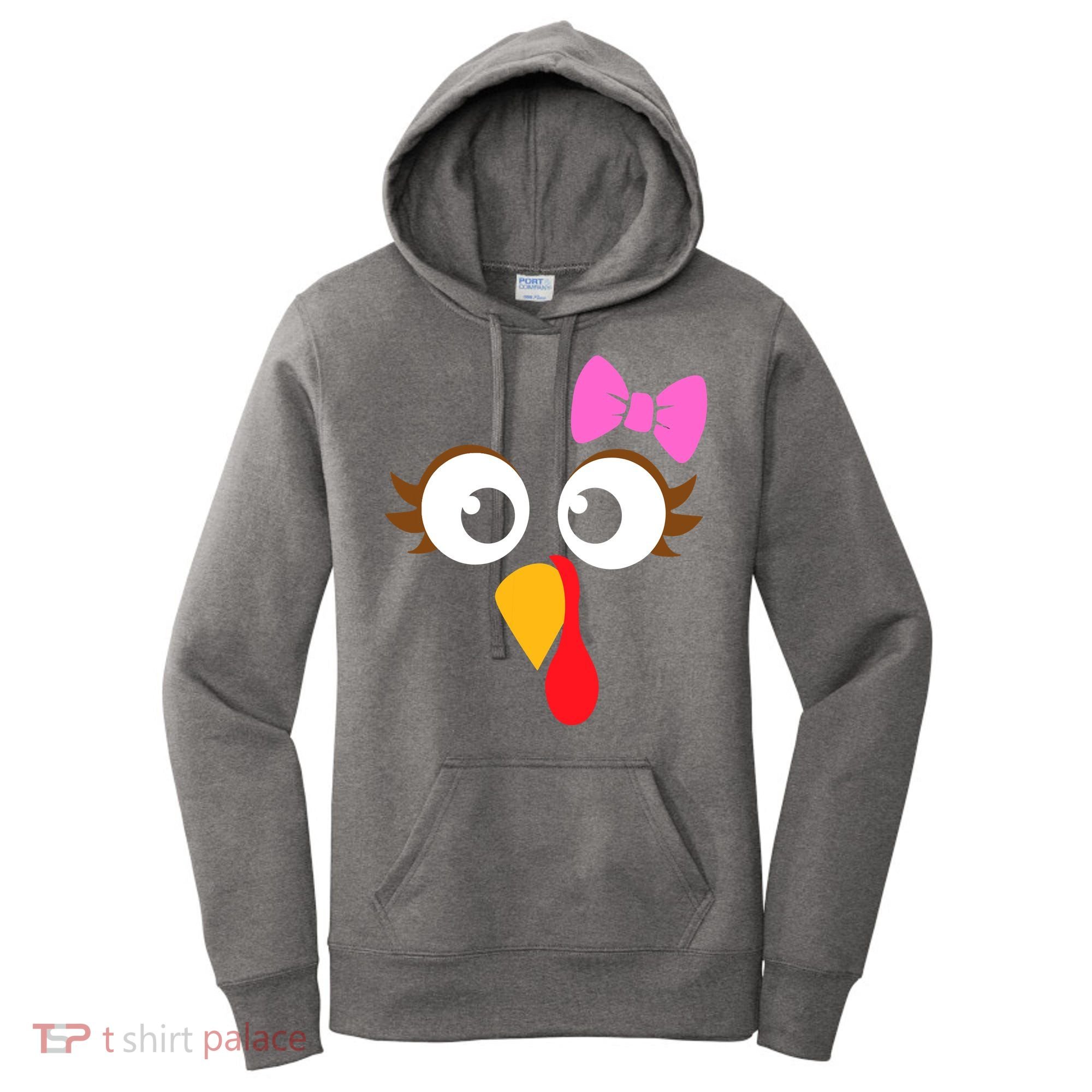 Turkey Face Girl Pink Bow, Thanksgiving Gift Women's Hoodie
