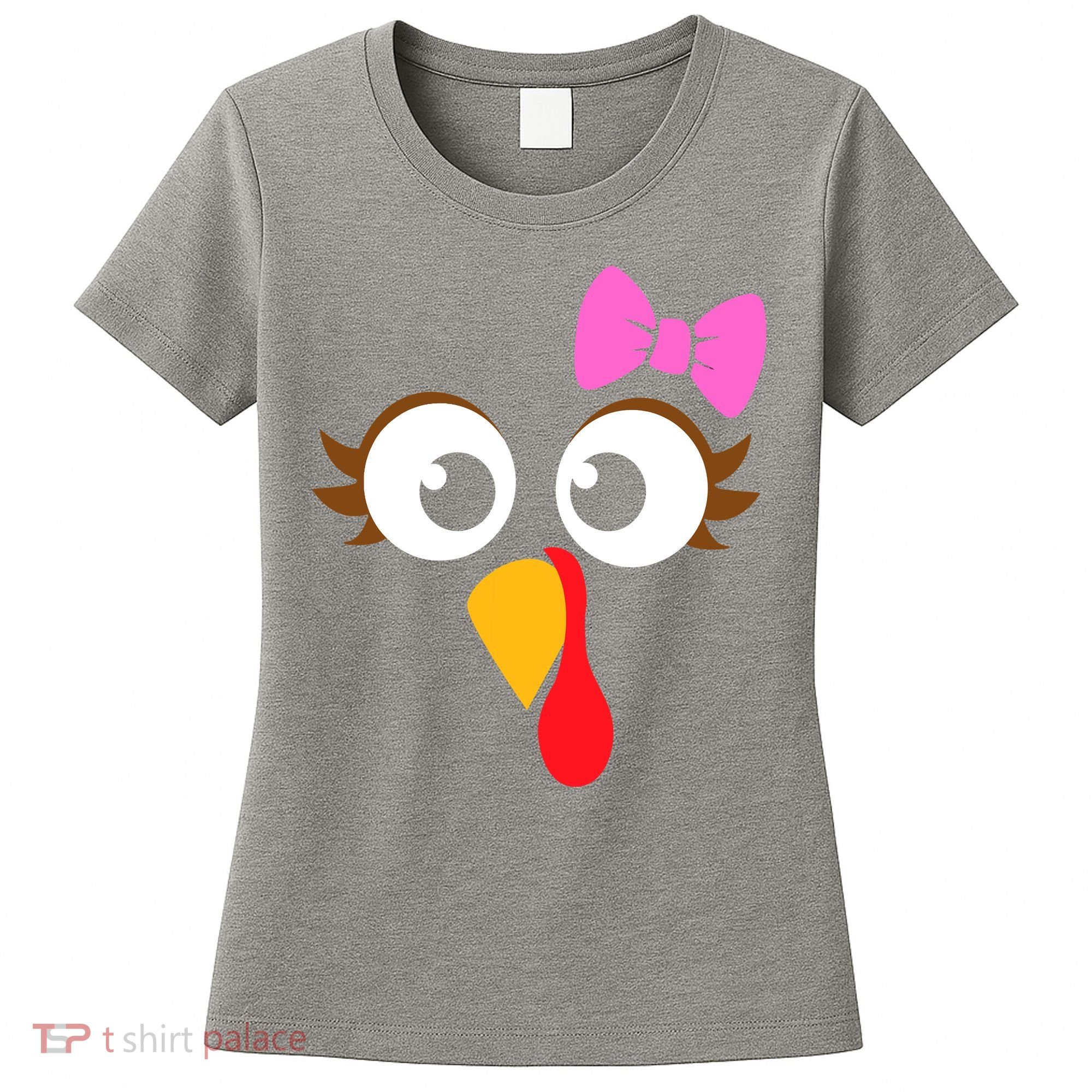 Turkey Face Girl Pink Bow, Thanksgiving Gift Women's T-Shirt