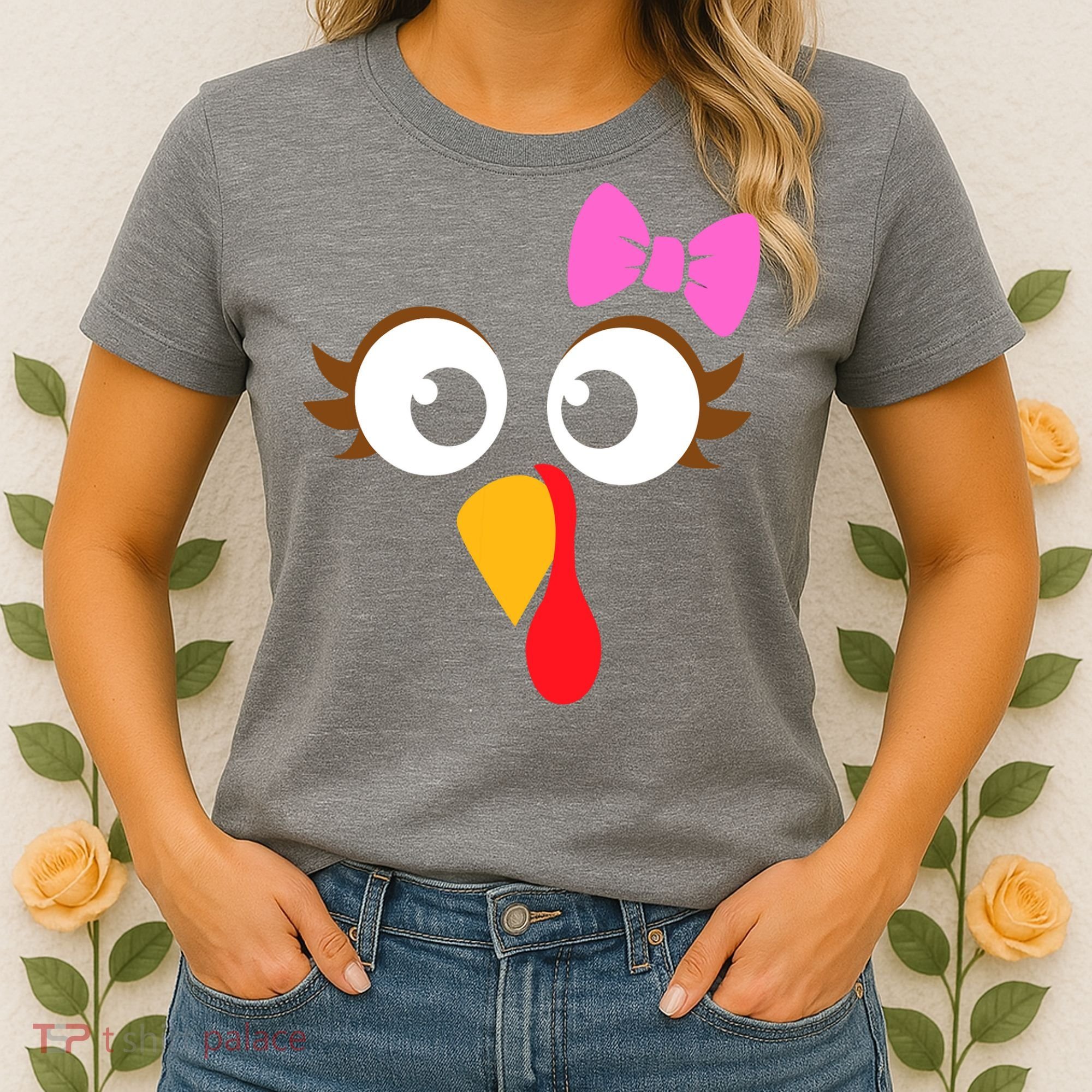 Turkey Face Girl Pink Bow, Thanksgiving Gift Women's T-Shirt