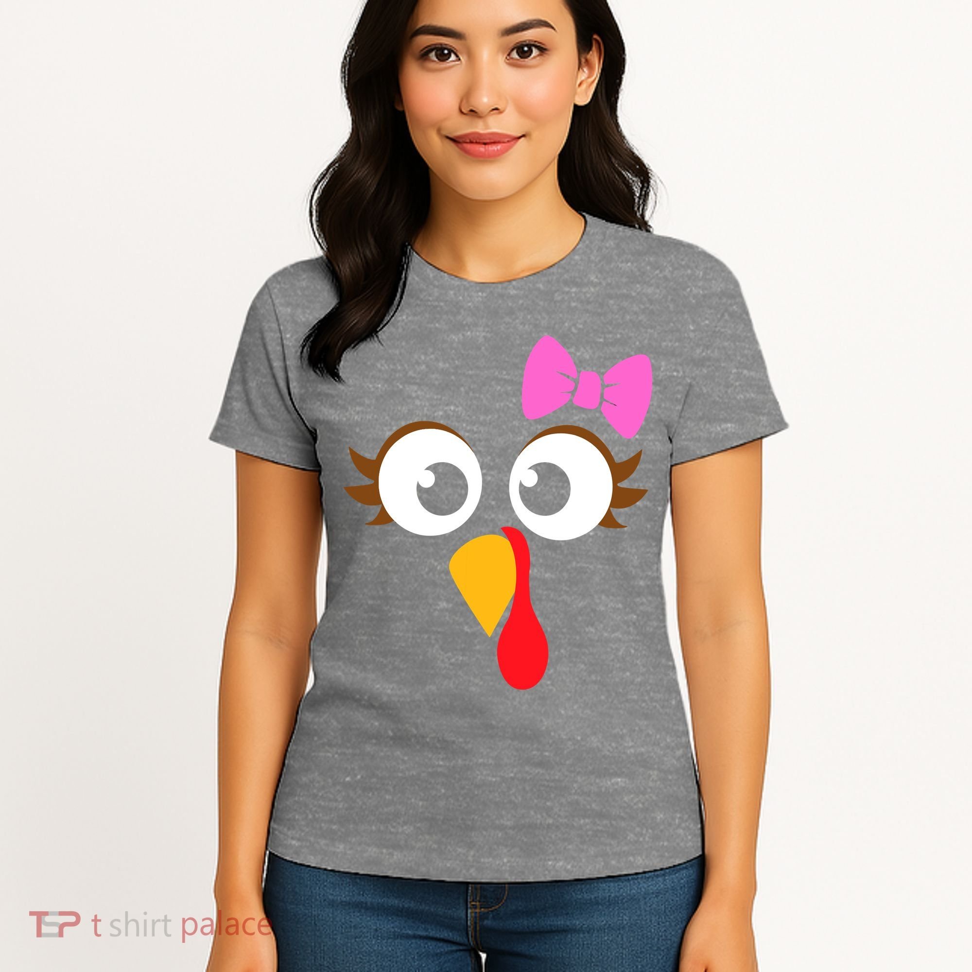 Turkey Face Girl Pink Bow, Thanksgiving Gift Women's T-Shirt