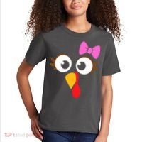 Turkey Face Girl Pink Bow, Thanksgiving Gift Kids T-Shirt thumb 2