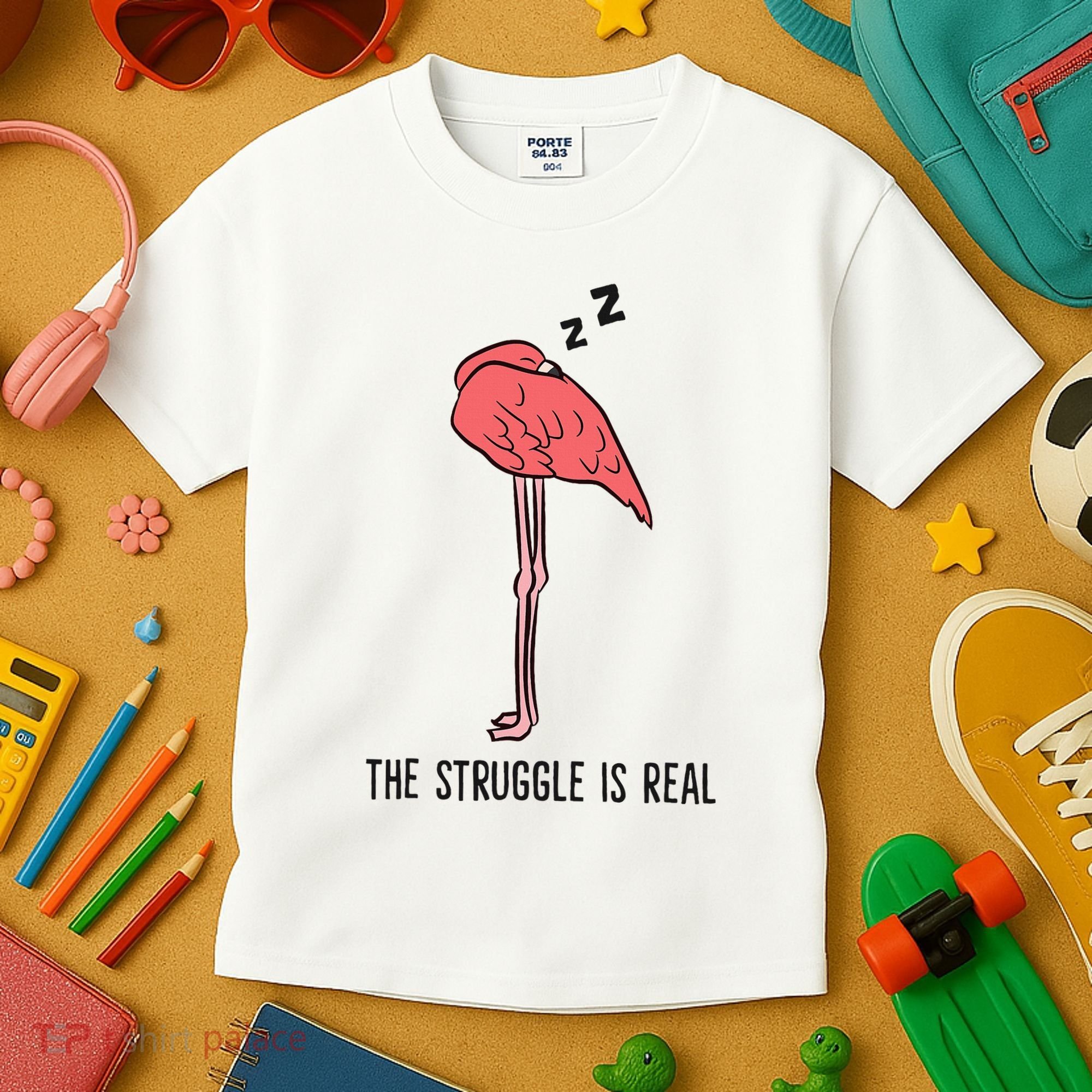 Tired Flamingo Lazy Flamingo The Struggle Is Real Kids T-Shirt
