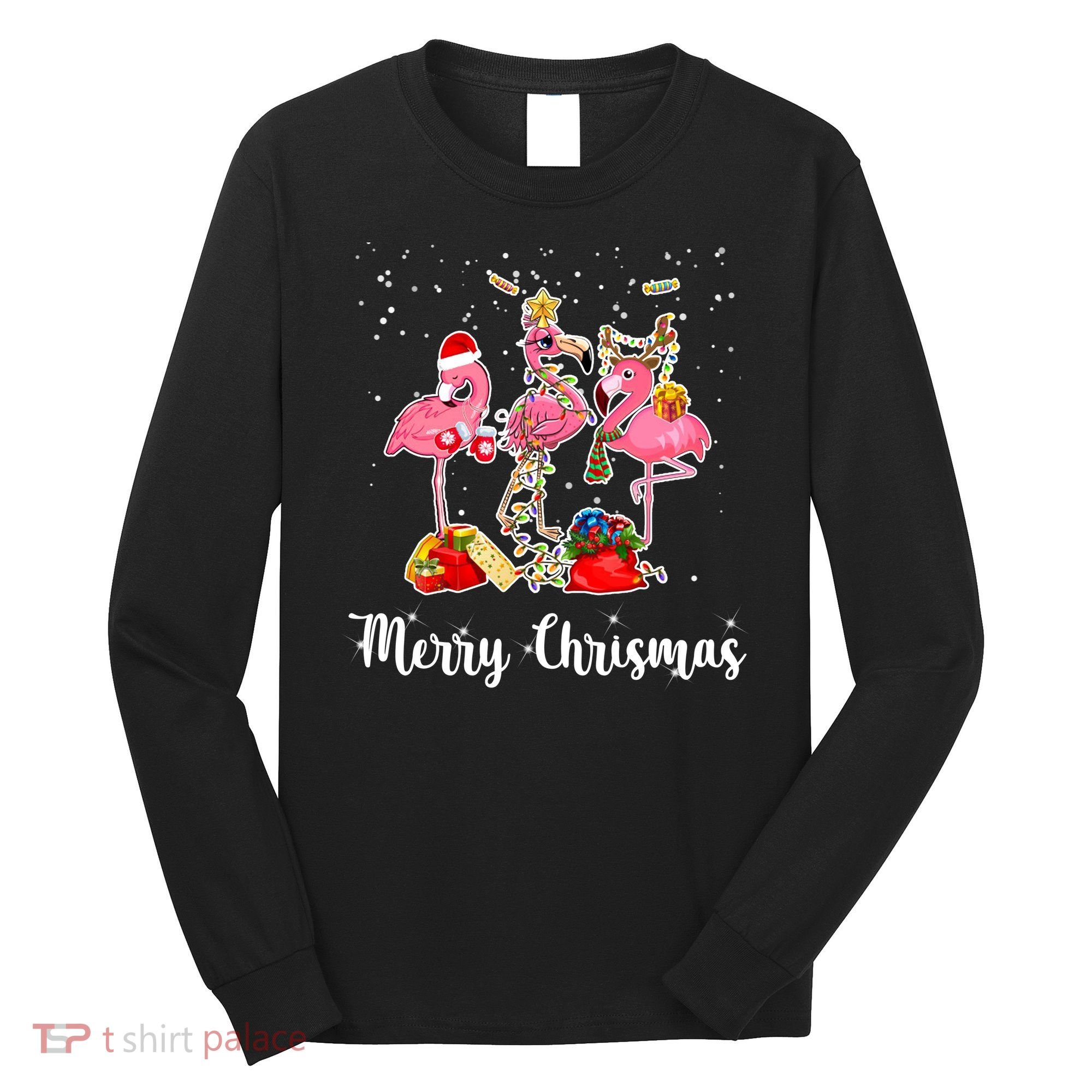 Three Flamingos Merry Christmas Long Sleeve Shirt