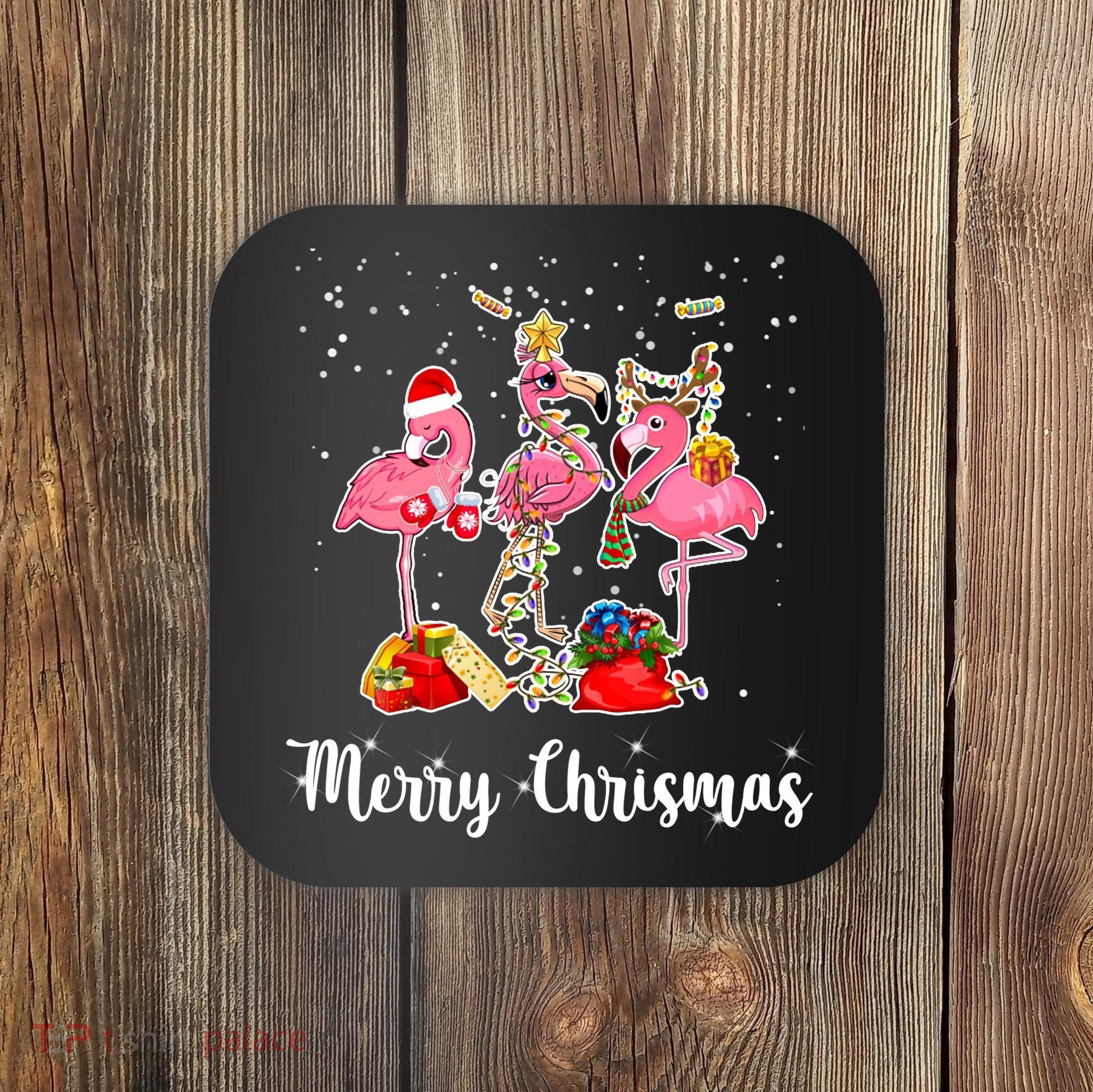 Three Flamingos Merry Christmas Coaster