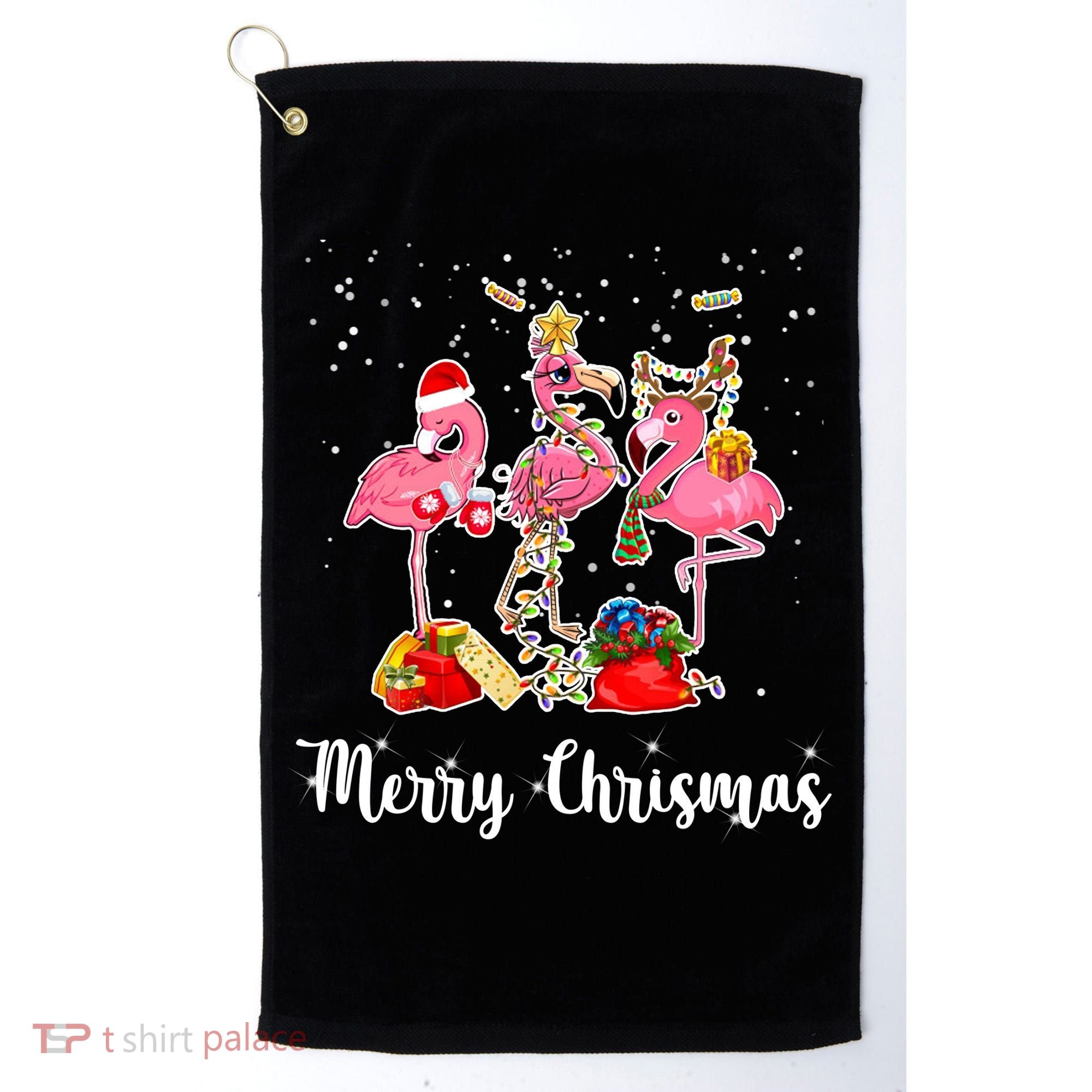 Three Flamingos Merry Christmas Golf Towel