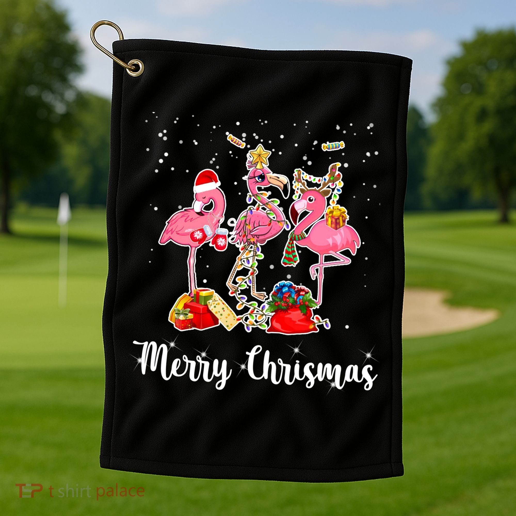 Three Flamingos Merry Christmas Golf Towel