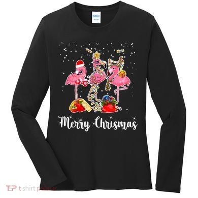 Three Flamingos Merry Christmas Women's Long Sleeve Shirt