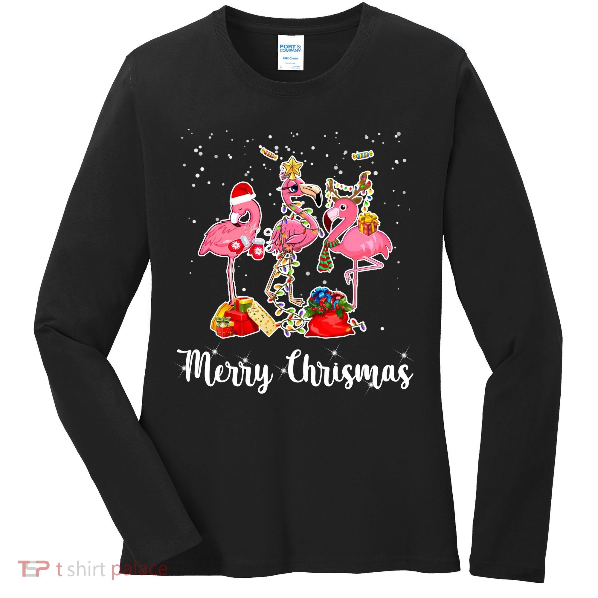 Three Flamingos Merry Christmas Women's Long Sleeve Shirt