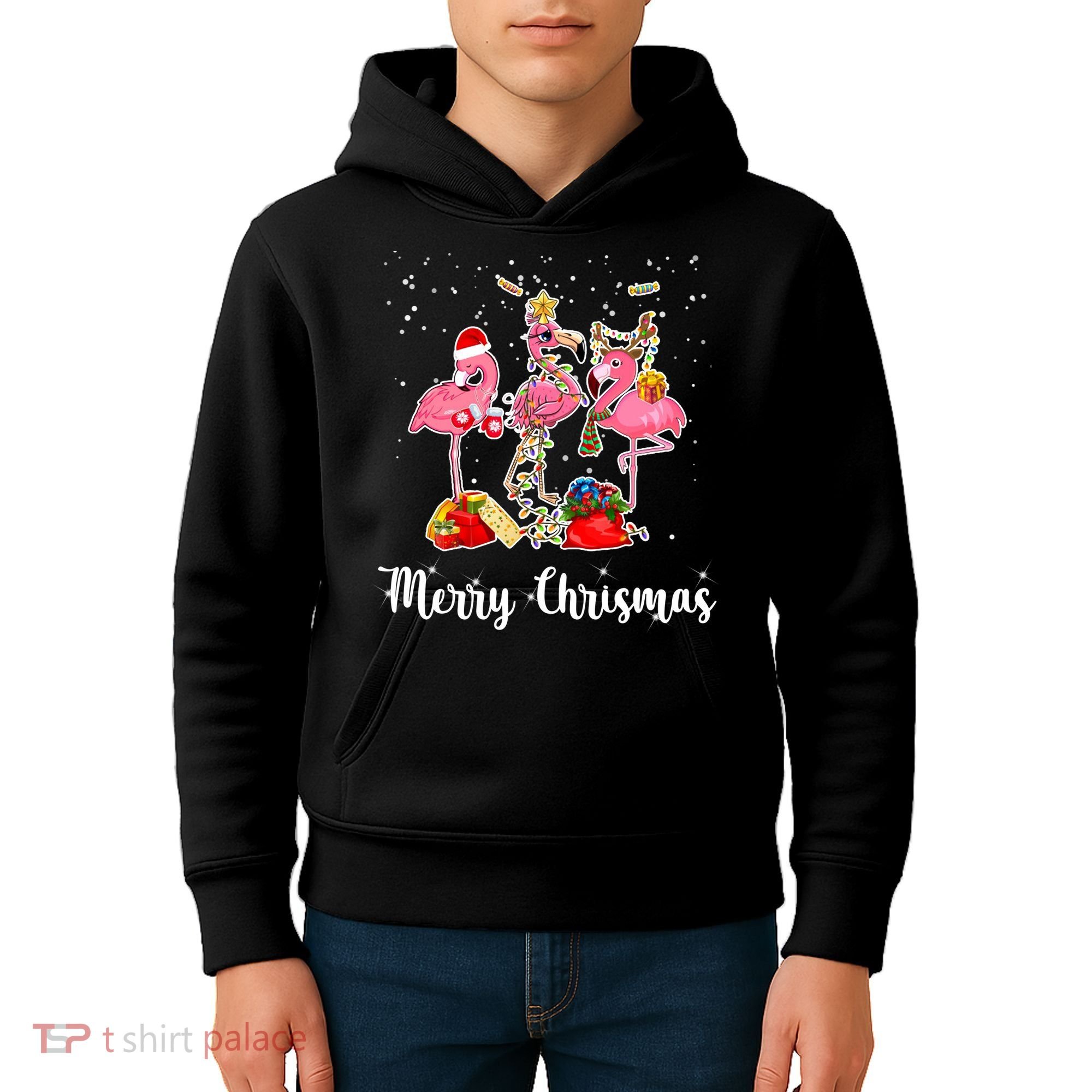 Three Flamingos Merry Christmas Kids Hoodie