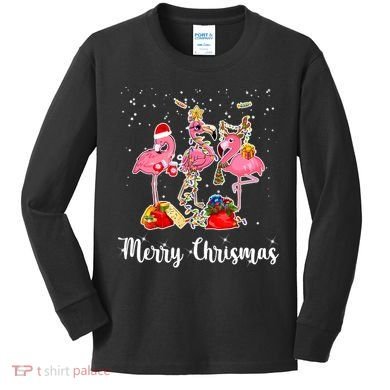 Three Flamingos Merry Christmas Kids Long Sleeve Shirt