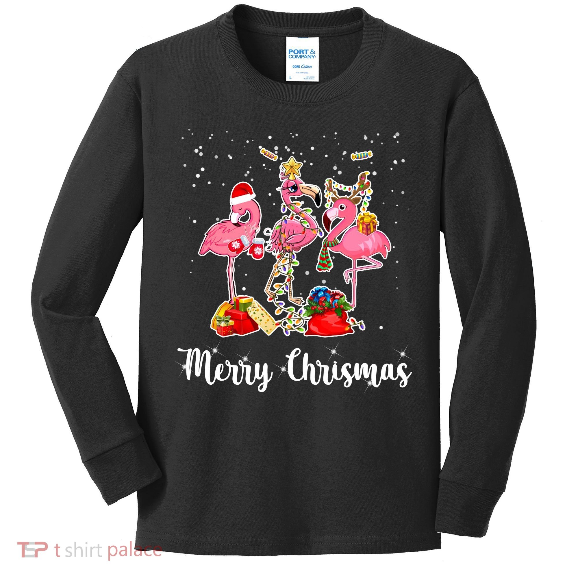 Three Flamingos Merry Christmas Kids Long Sleeve Shirt