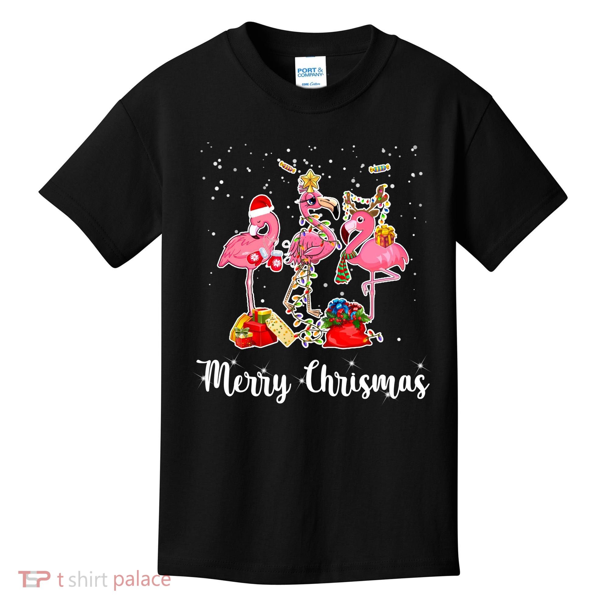 Three Flamingos Merry Christmas Kids T-Shirt