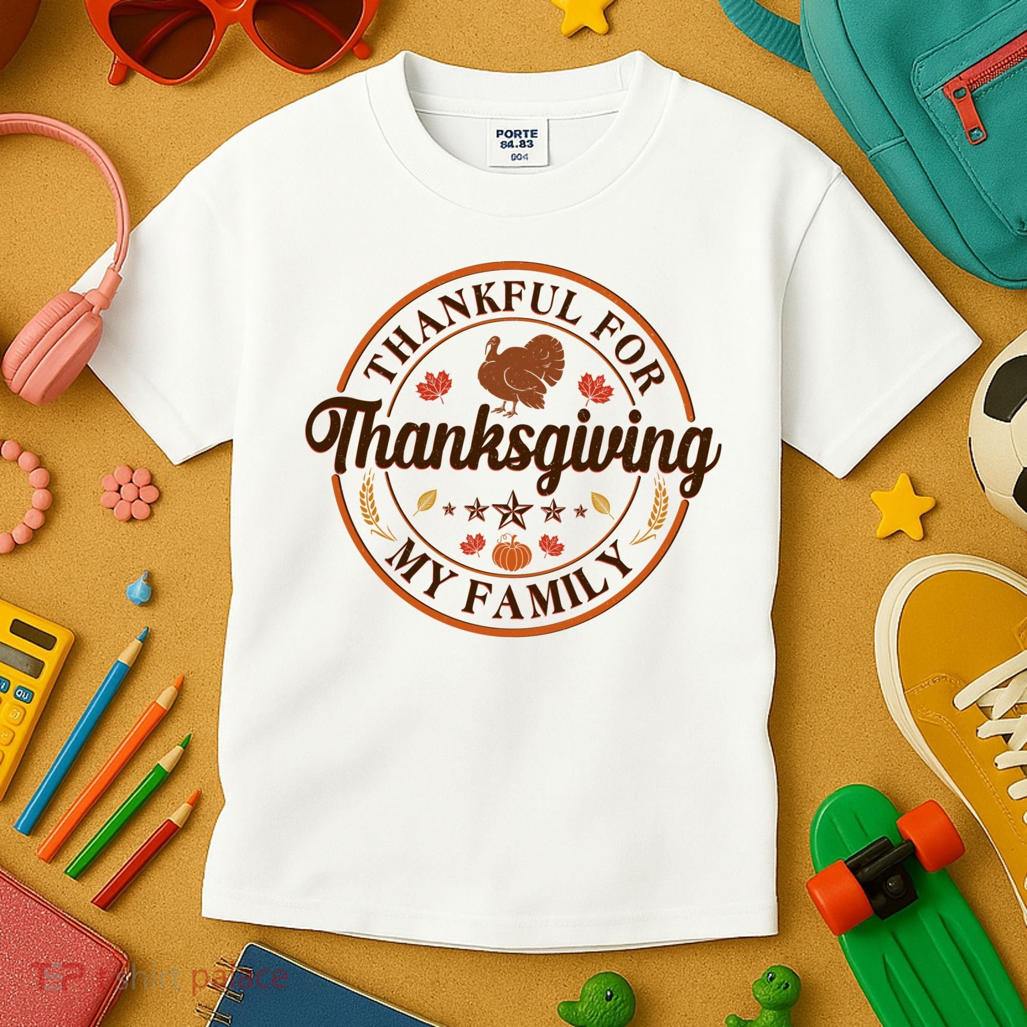 Thankful For My Family Thanksgiving Emblem Kids T-Shirt