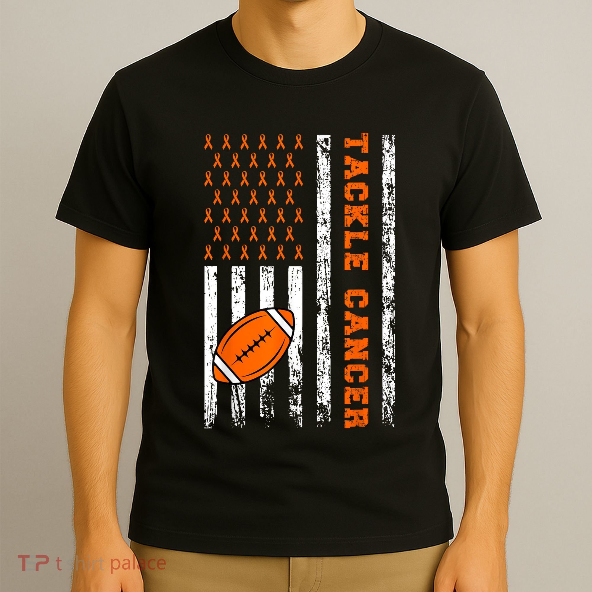 Tackle Football Orange Ribbon Leukemia Cancer Awareness T-Shirt