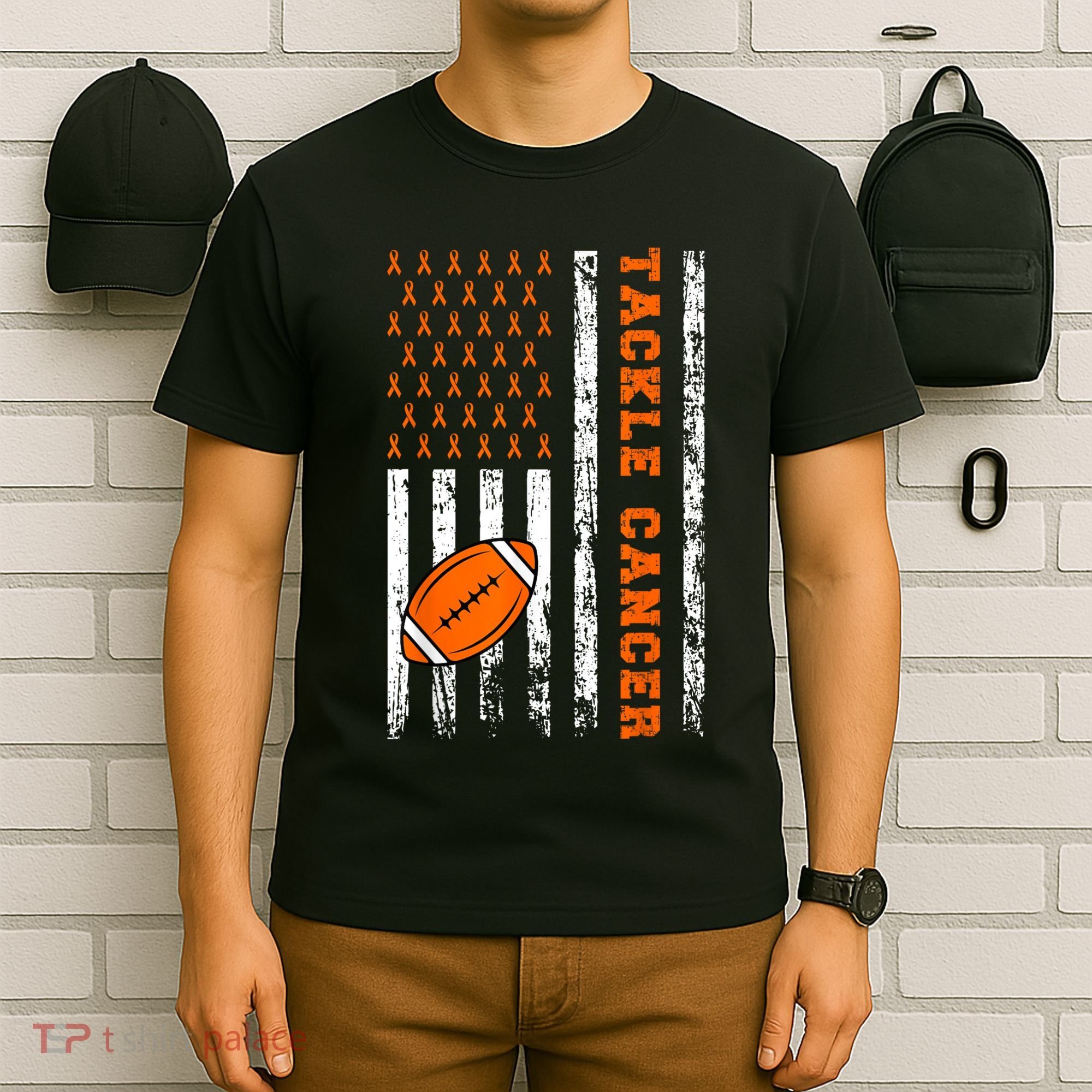 Tackle Football Orange Ribbon Leukemia Cancer Awareness T-Shirt