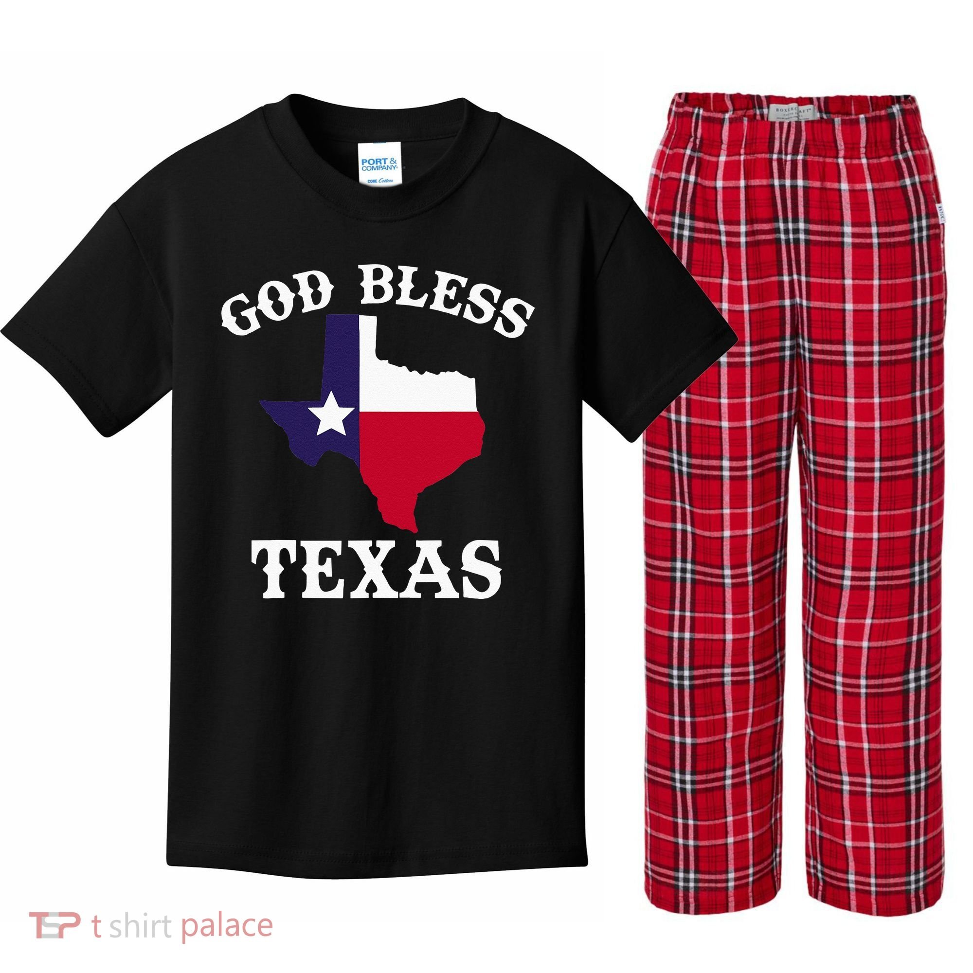 Texas Flag Patriotic Texan Pride God Bless Texas Kids Plaid Pajama Set
