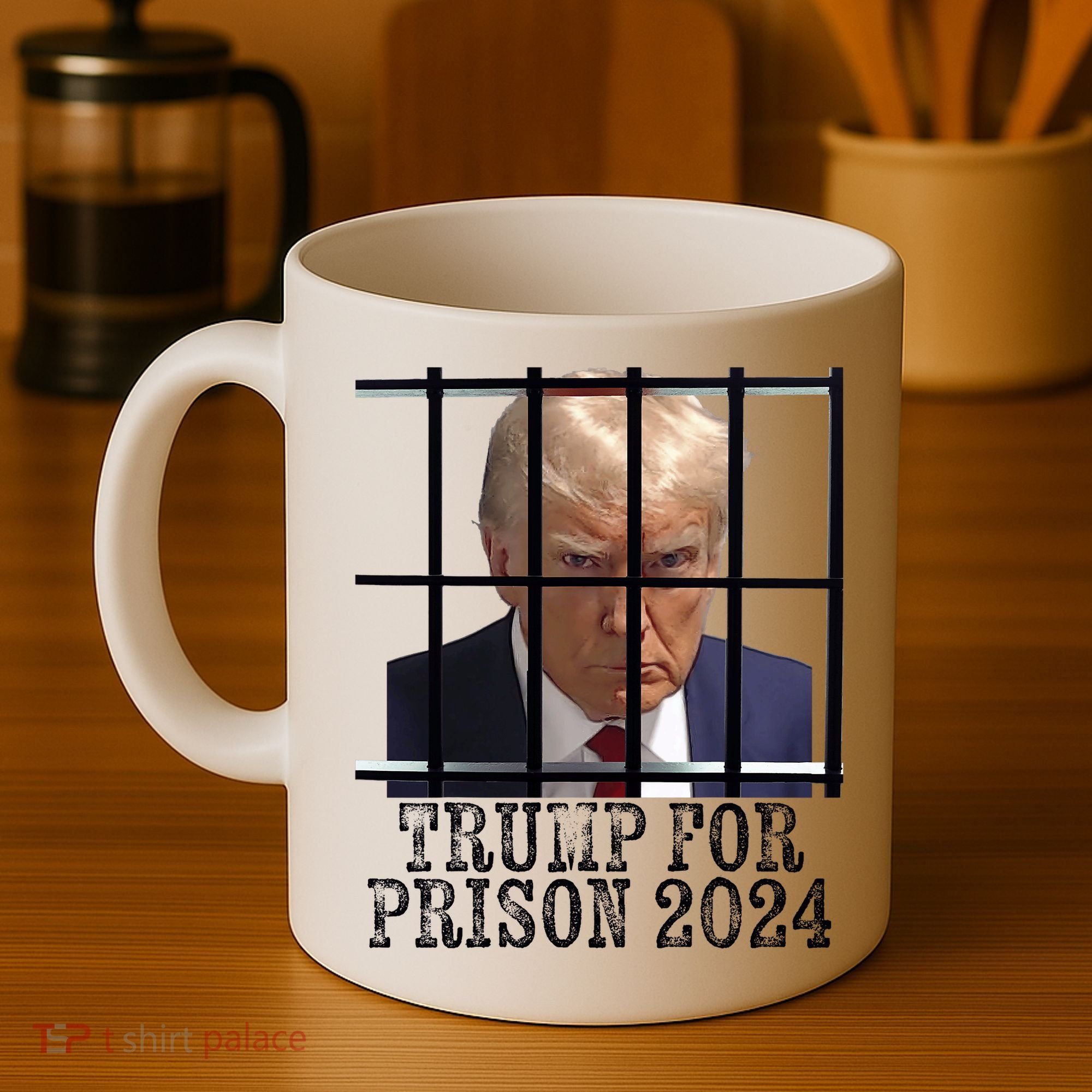 Trump For Prison 2024 Mugshot Election Parody Behind Bars Coffee Mug