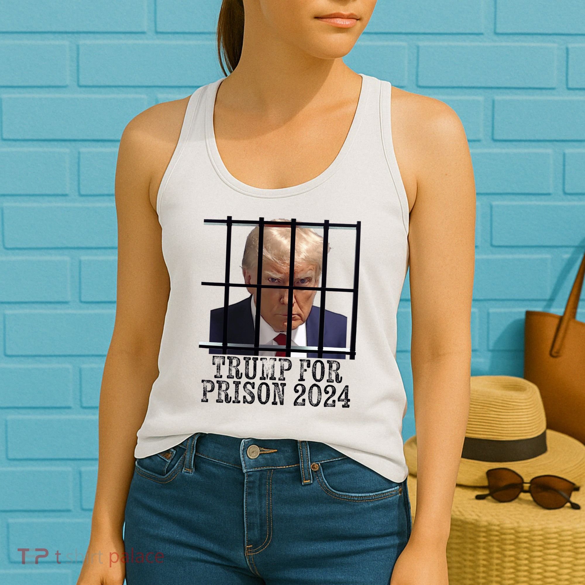 Trump For Prison 2024 Mugshot Election Parody Behind Bars Women's Tank Top