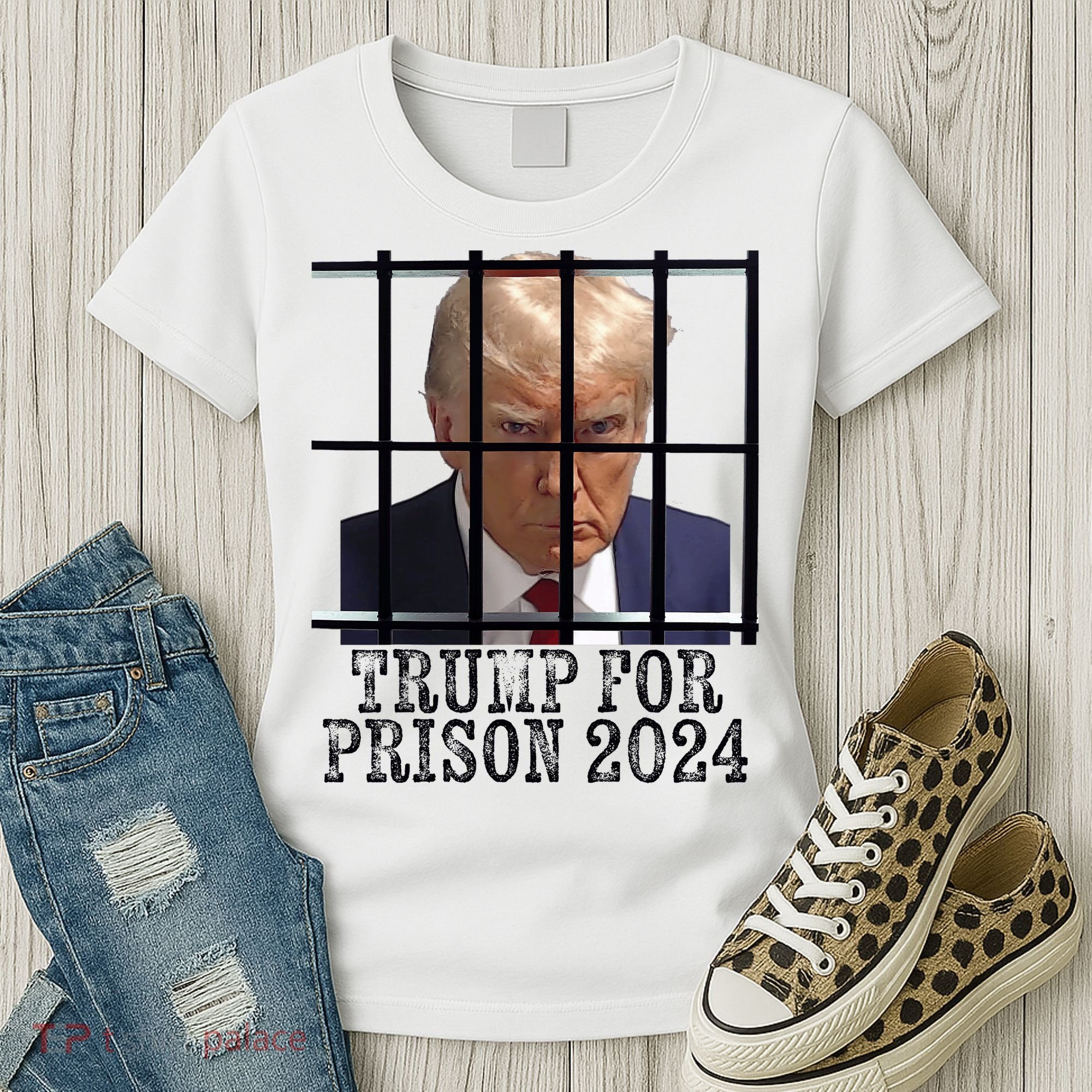 Trump For Prison 2024 Mugshot Election Parody Behind Bars Women's T-Shirt