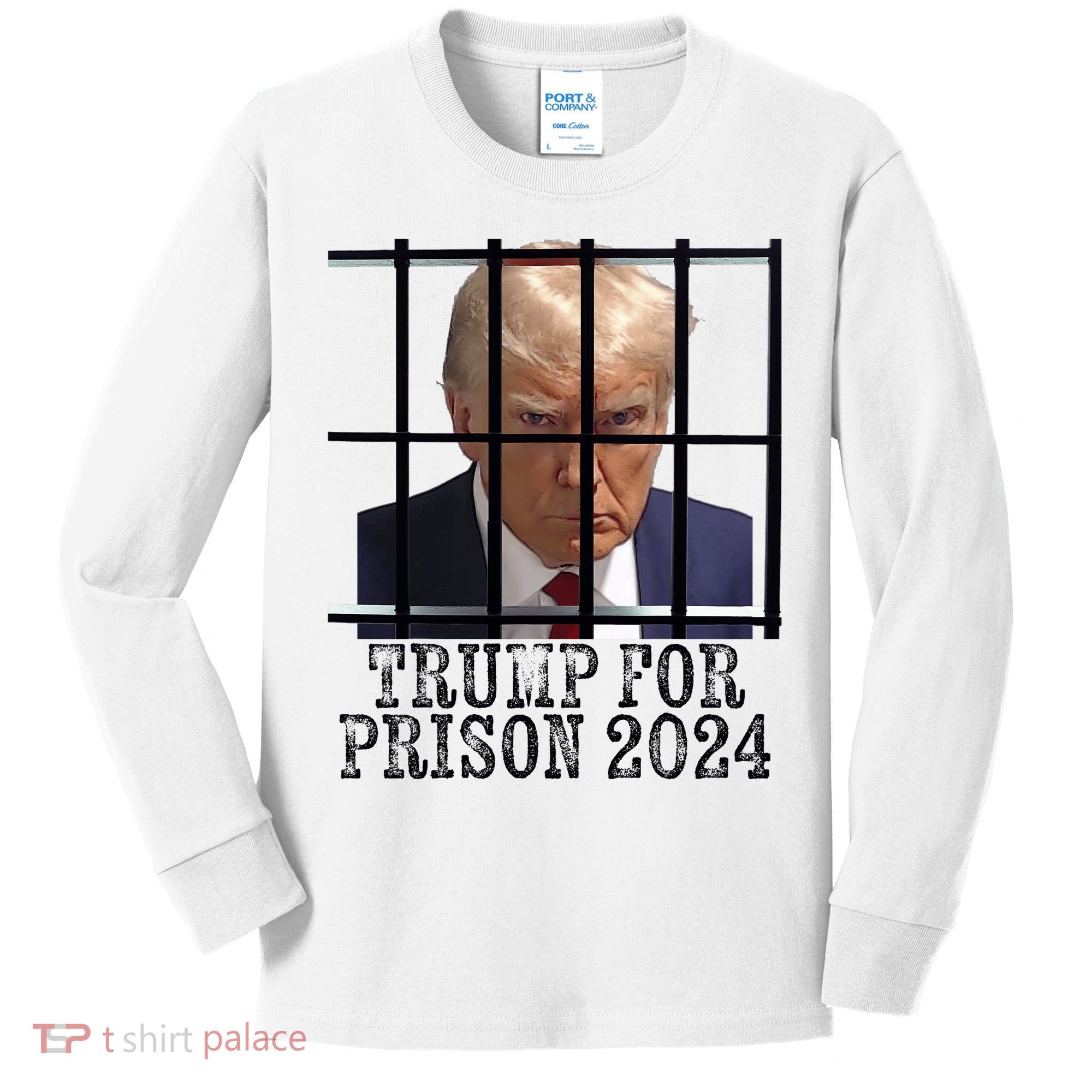 Trump For Prison 2024 Mugshot Election Parody Behind Bars Kids Long Sleeve Shirt