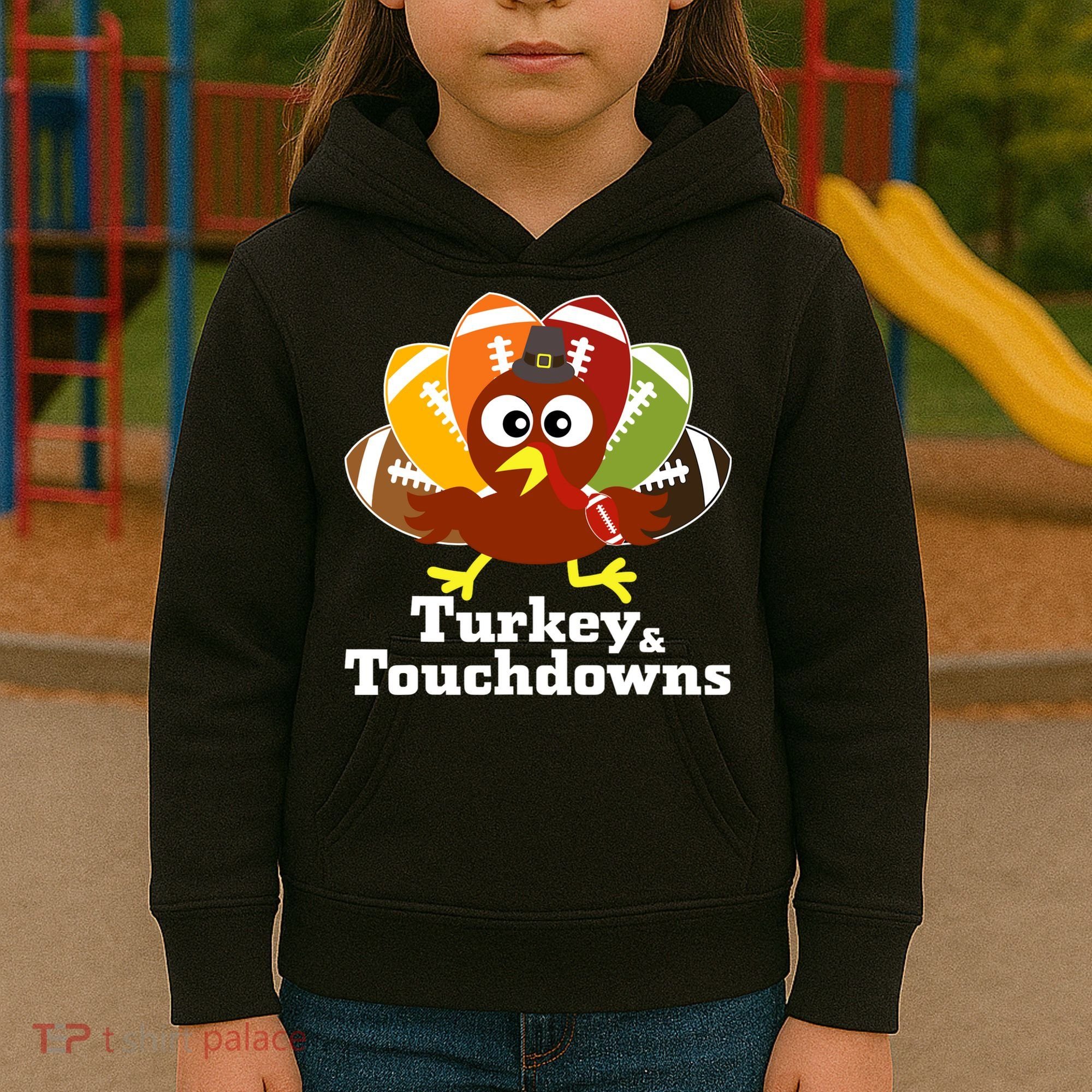 Thanksgiving Football Turkey And Touchdowns Kids Hoodie