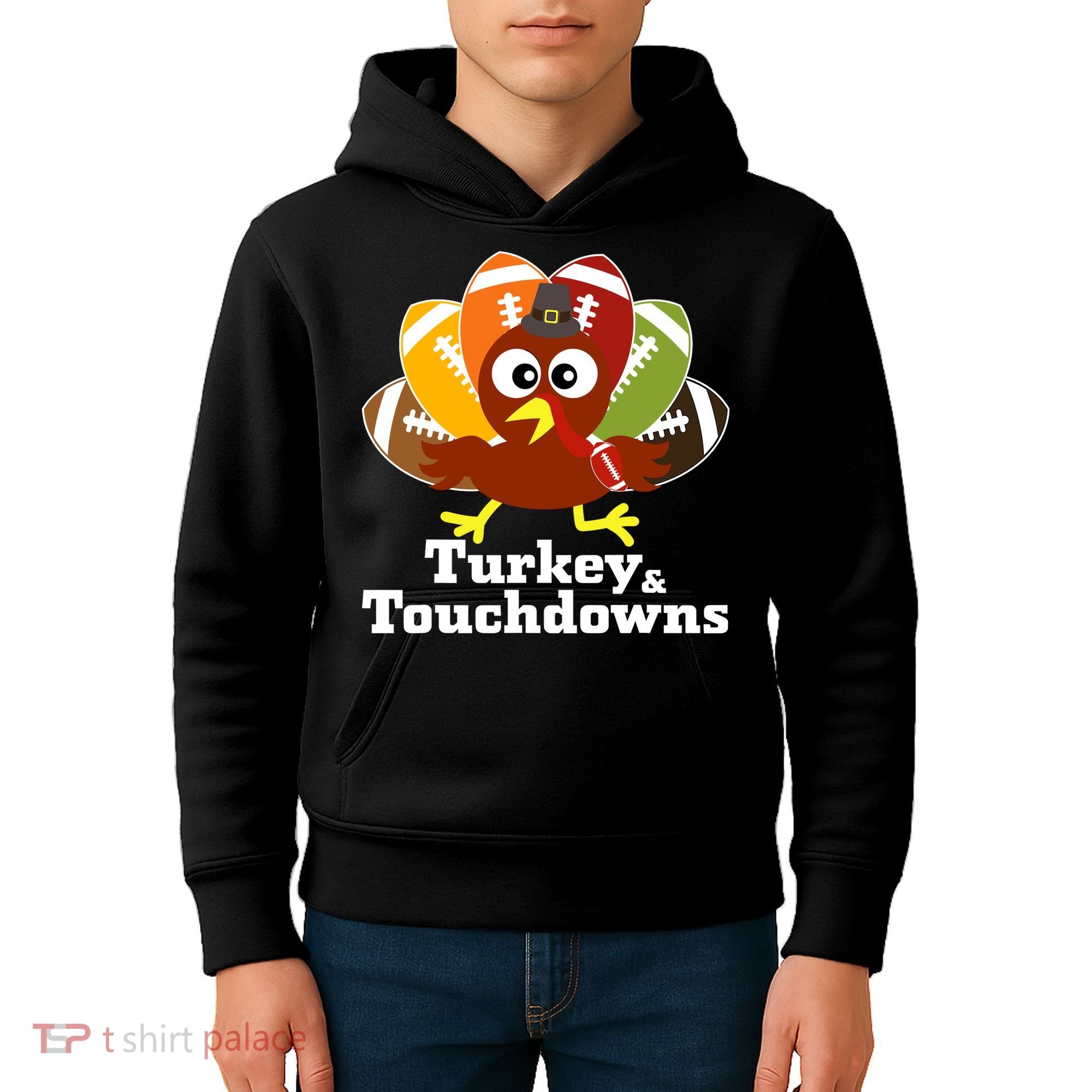 Thanksgiving Football Turkey And Touchdowns Kids Hoodie