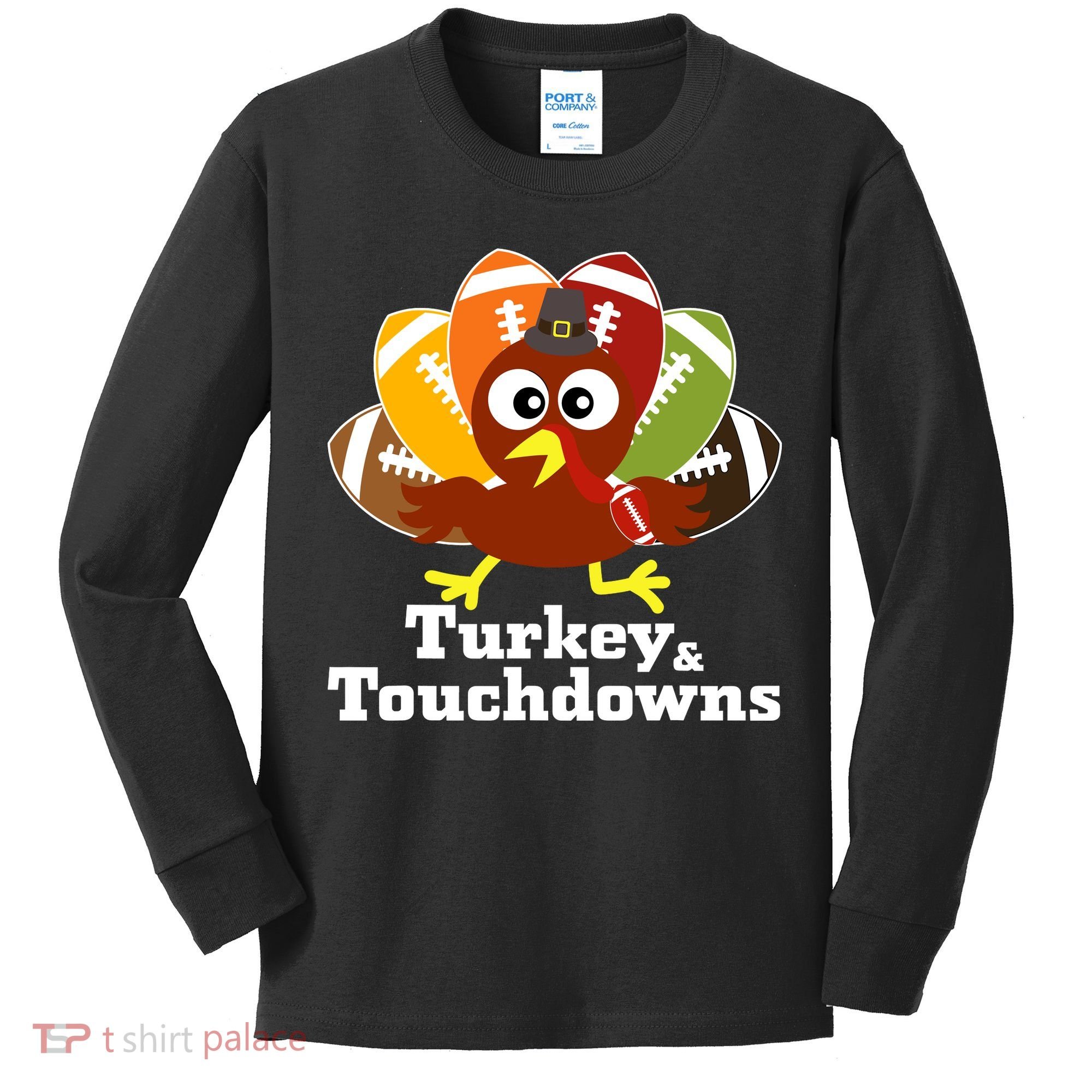 Thanksgiving Football Turkey And Touchdowns Kids Long Sleeve Shirt