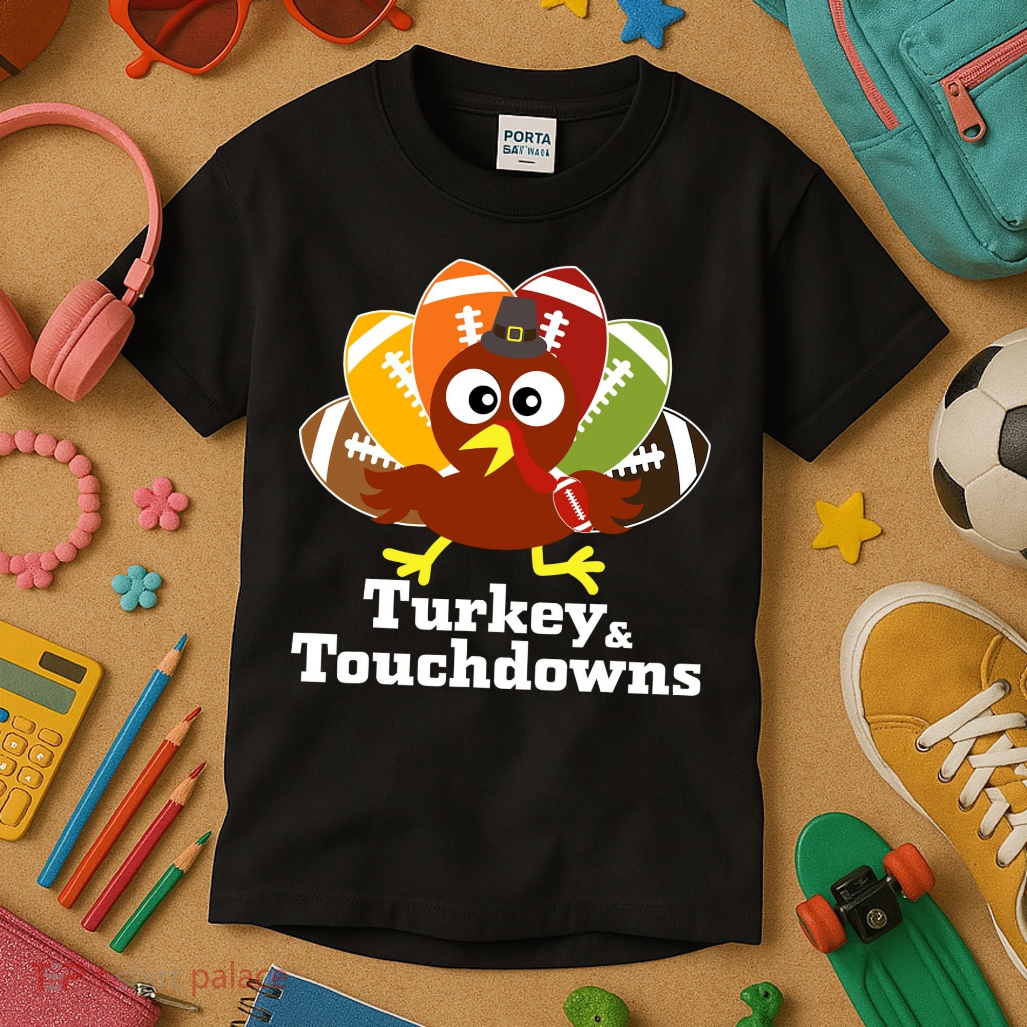 Thanksgiving Football Turkey And Touchdowns Kids T-Shirt