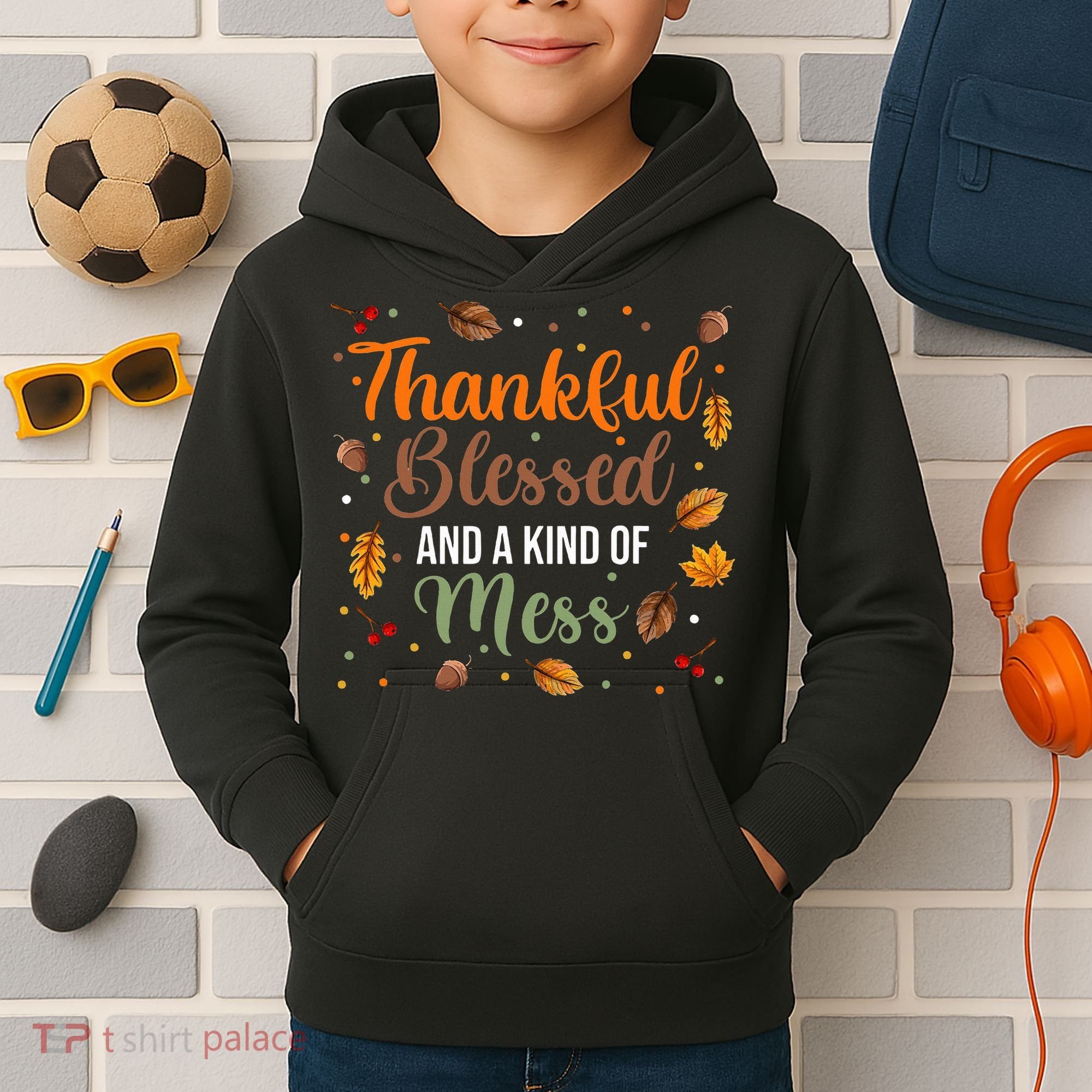 Thanksgiving Fall Thankful Blessed and Kind of A Mess Kids Hoodie