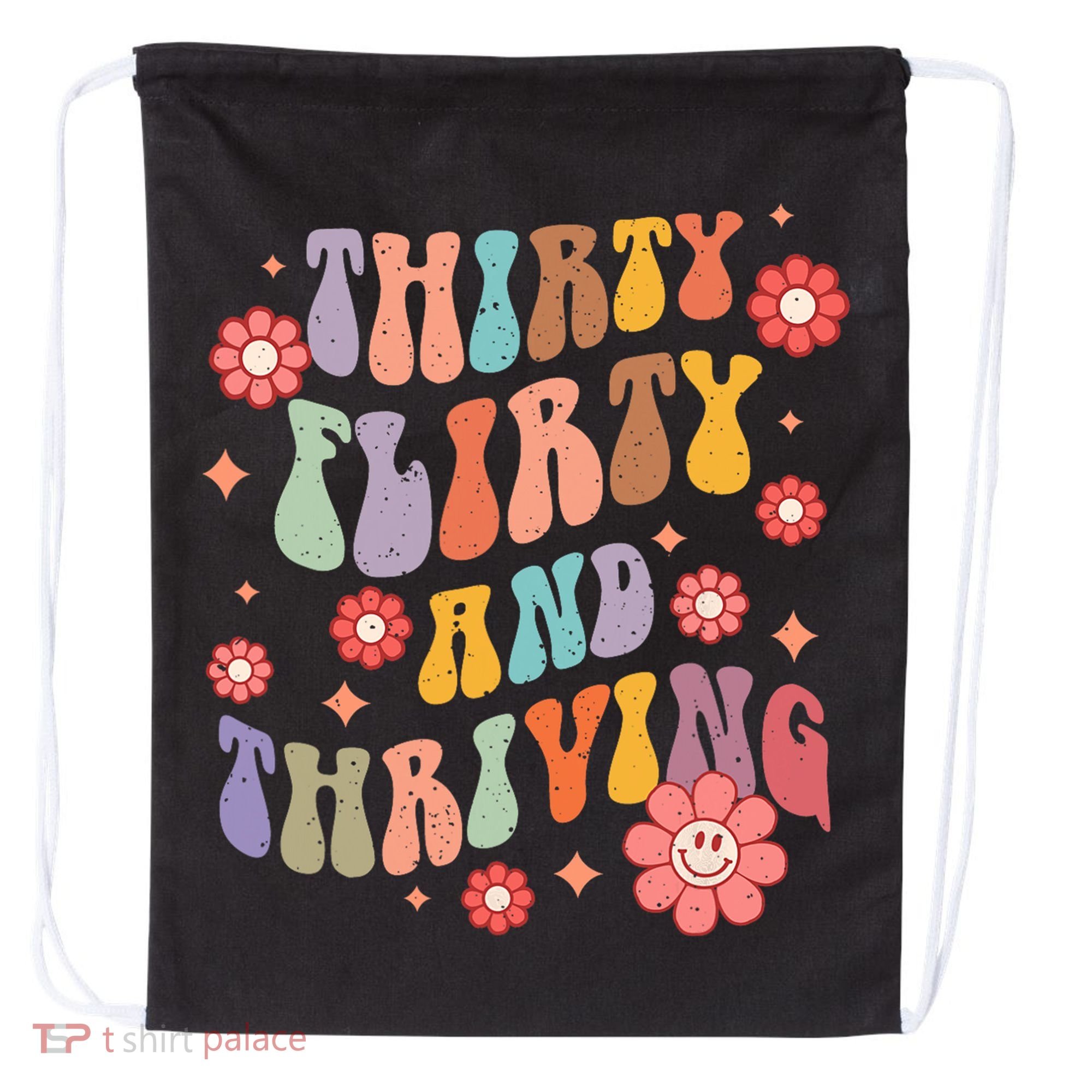 Thirty Flirty & Thriving Groovy 30th Birthday Retro 30 Years Drawstring Bag