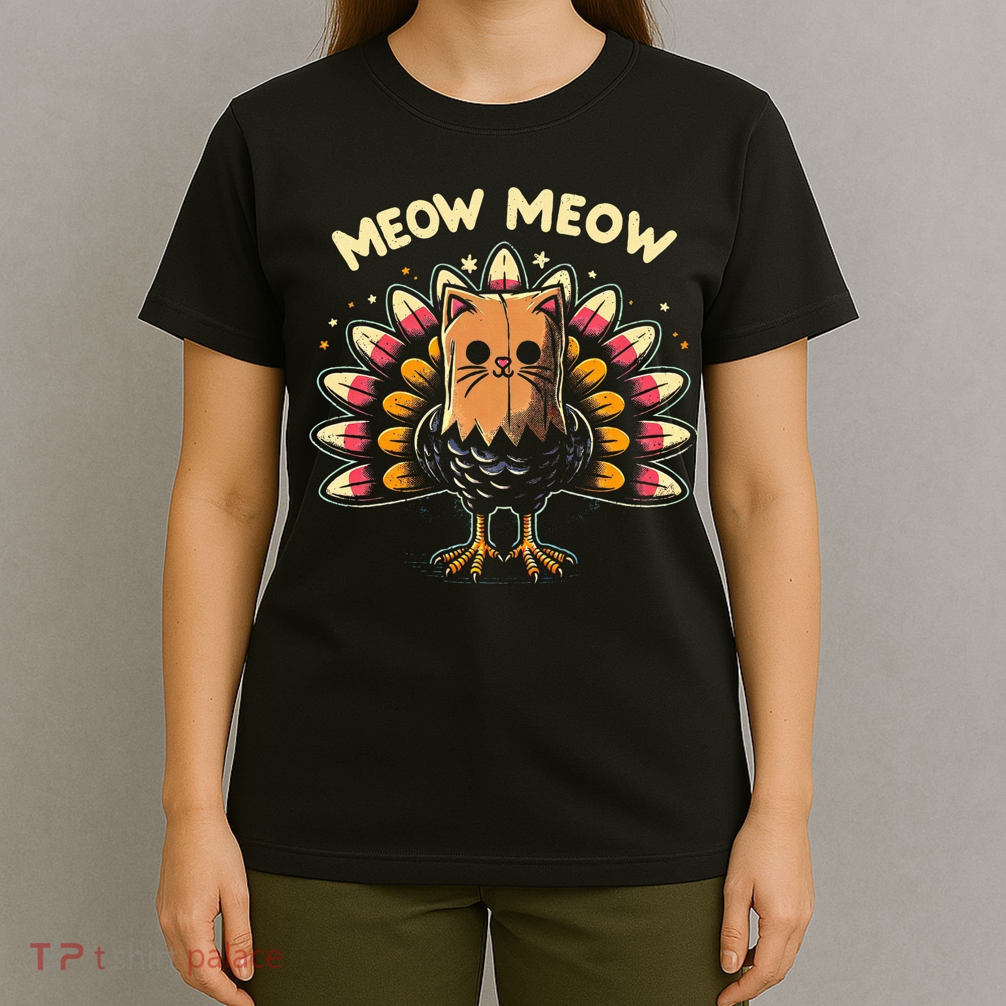 Thanksgiving For Women Meow Cat Turkey T-Shirt