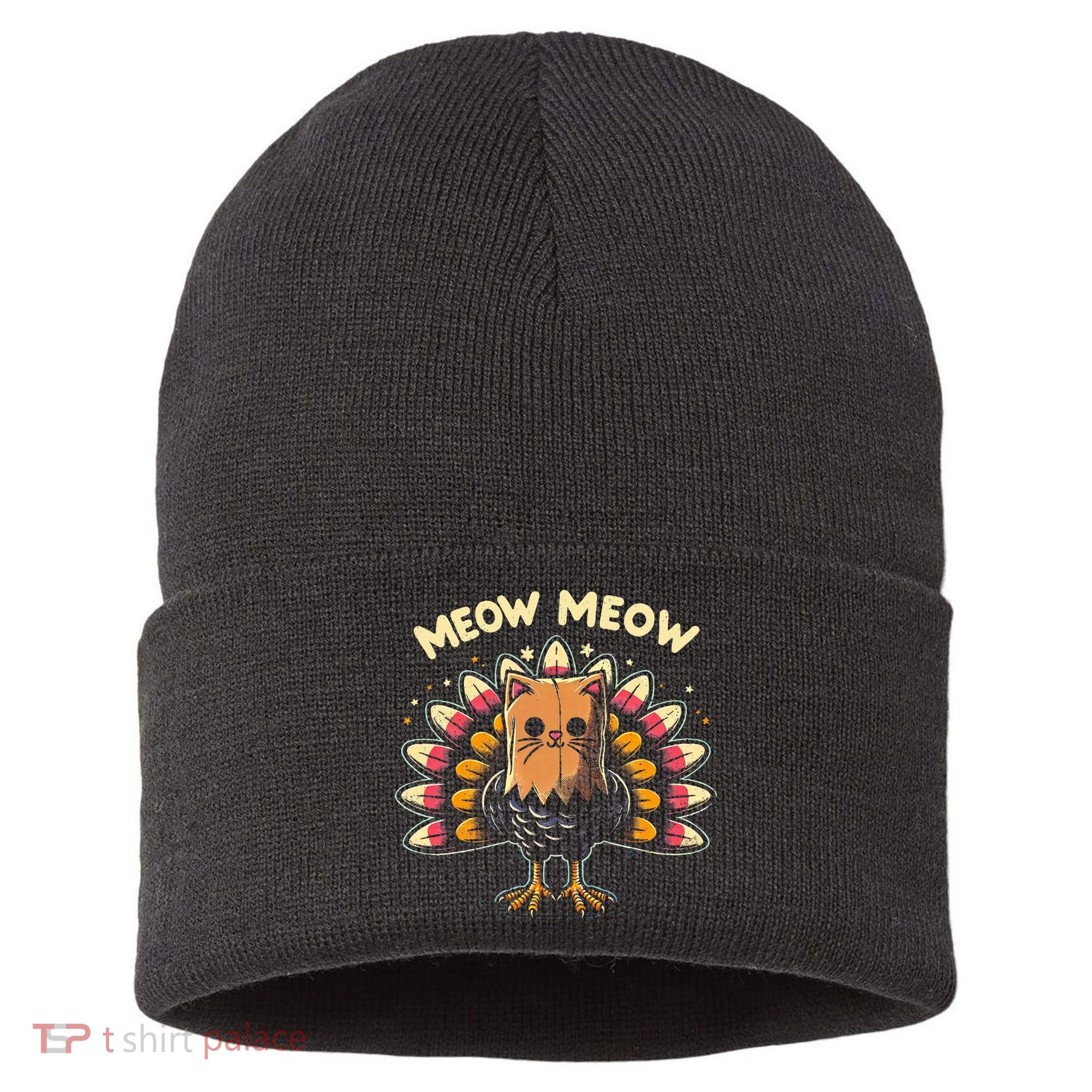 Thanksgiving For Women Meow Cat Turkey Sustainable Knit Beanie