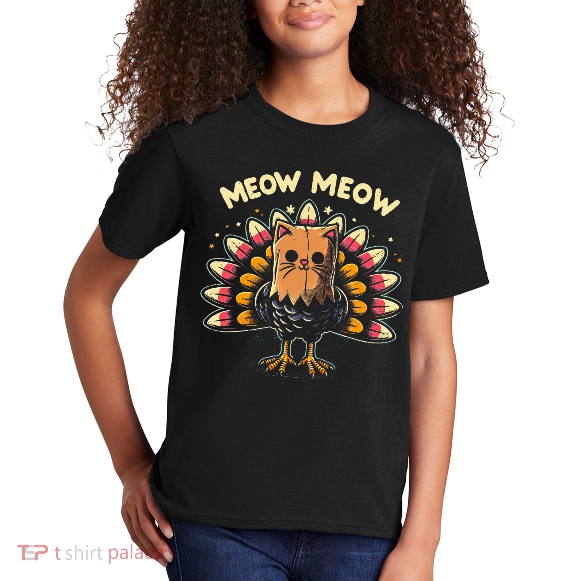 Thanksgiving For Women Meow Cat Turkey Kids T-Shirt
