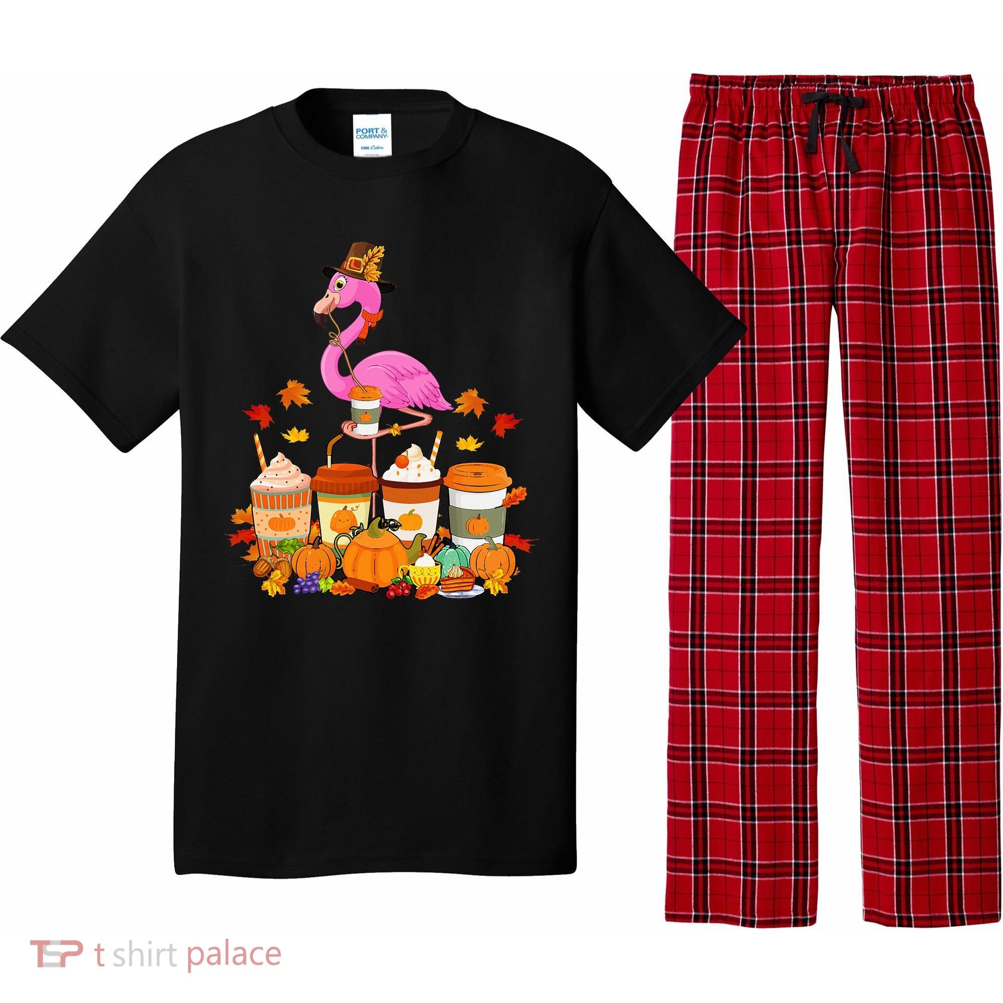 Thanksgiving Flamingo Wearing Hat Fall Coffee Cups Lover Pajama Set