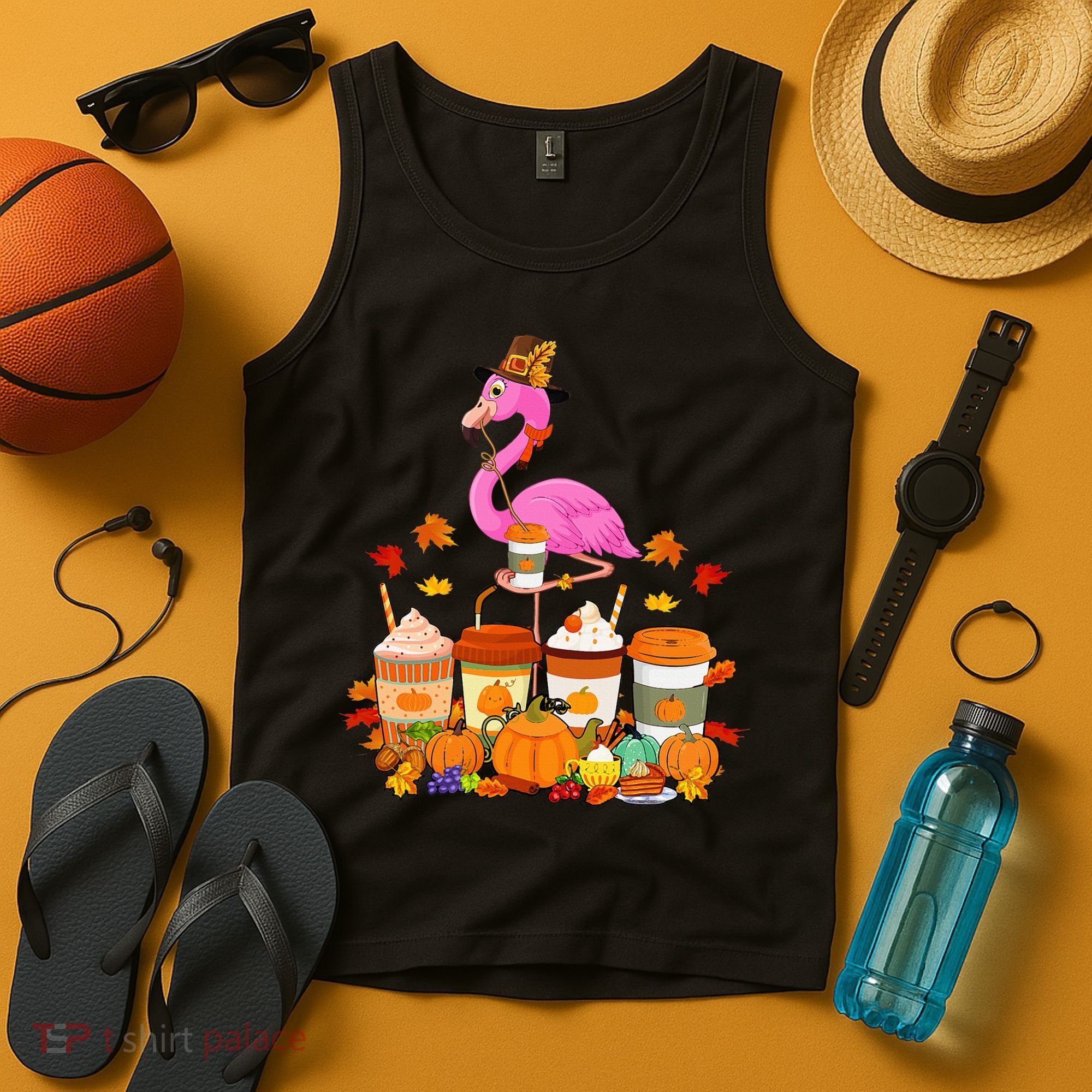 Thanksgiving Flamingo Wearing Hat Fall Coffee Cups Lover Tank Top