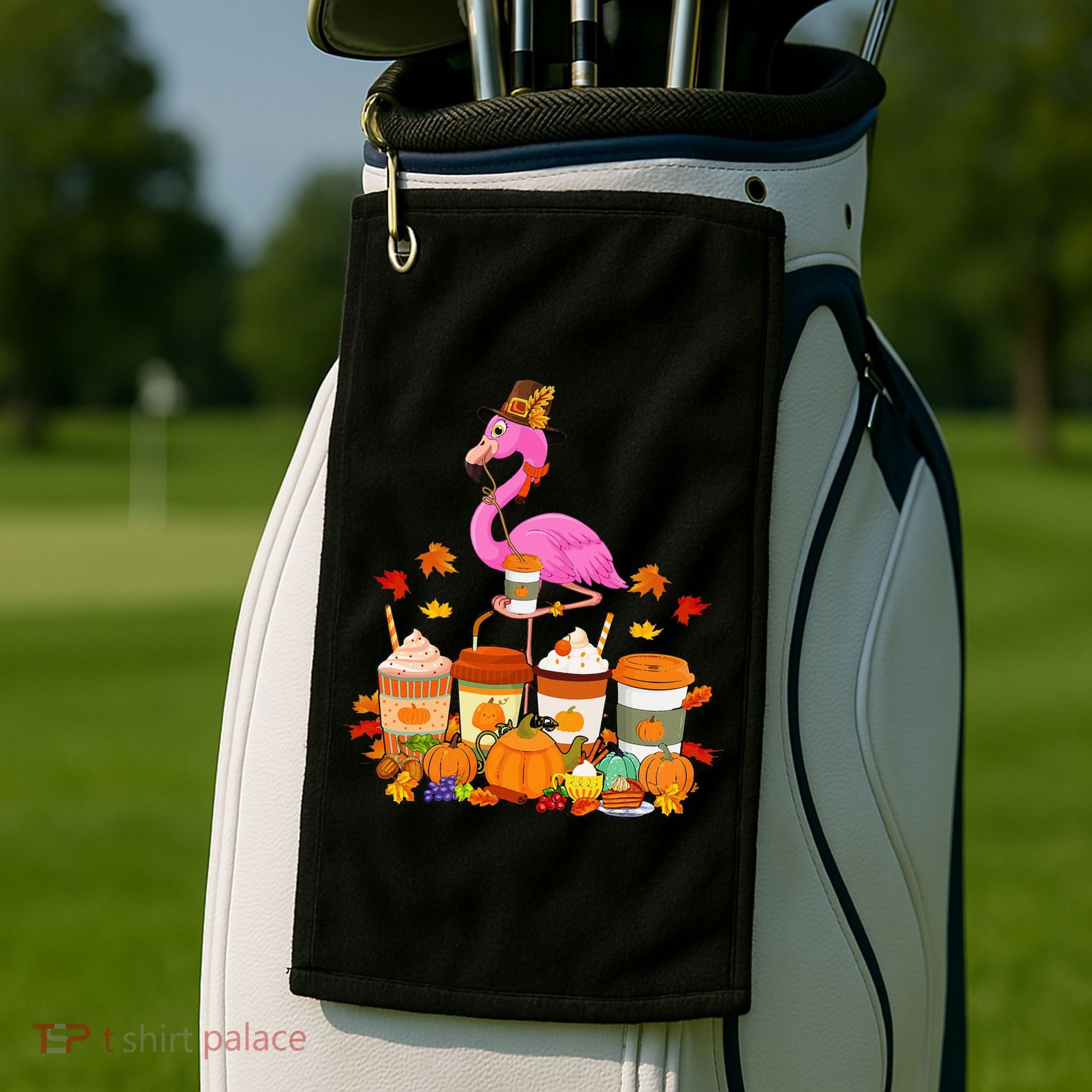Thanksgiving Flamingo Wearing Hat Fall Coffee Cups Lover Golf Towel