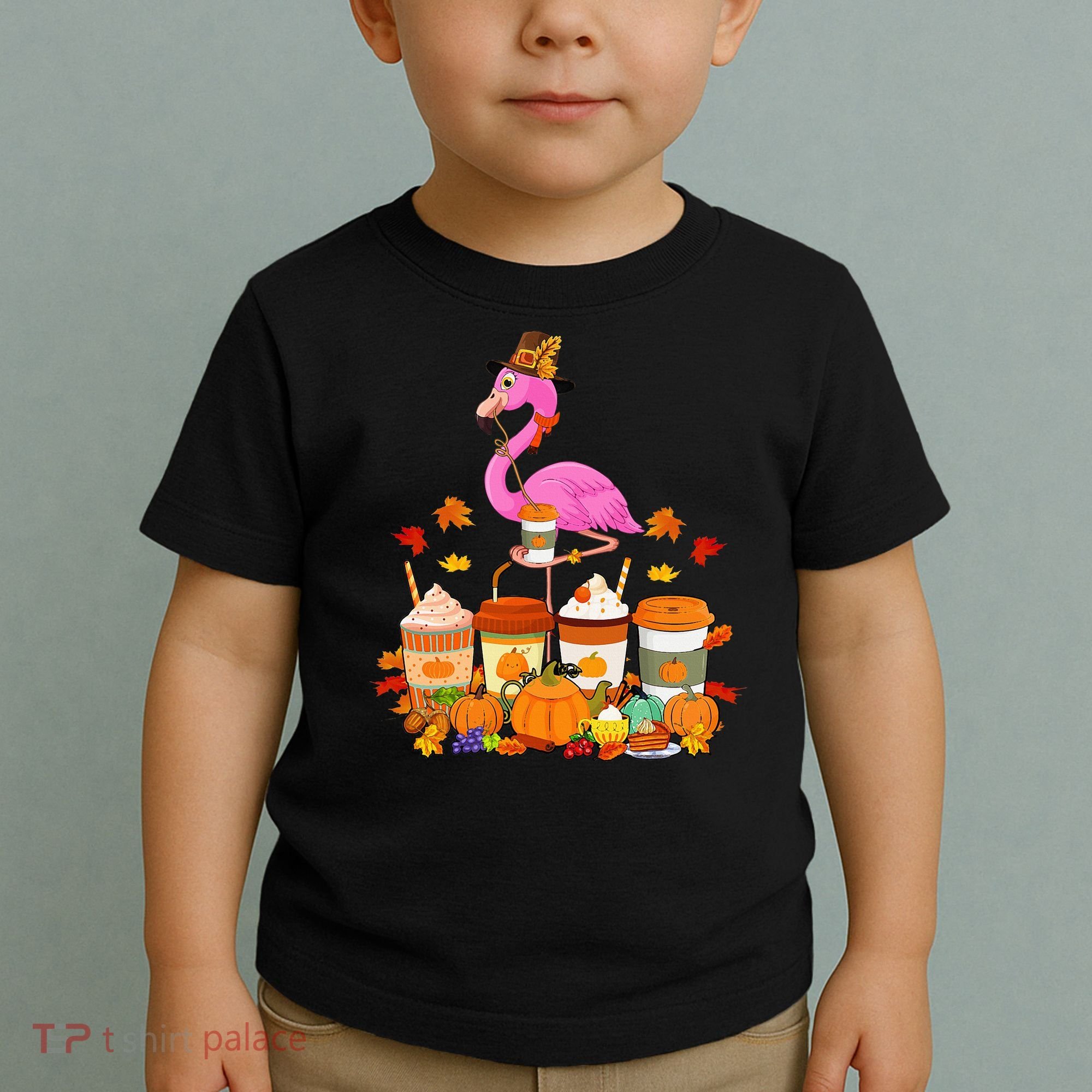 Thanksgiving Flamingo Wearing Hat Fall Coffee Cups Lover Toddler T-Shirt