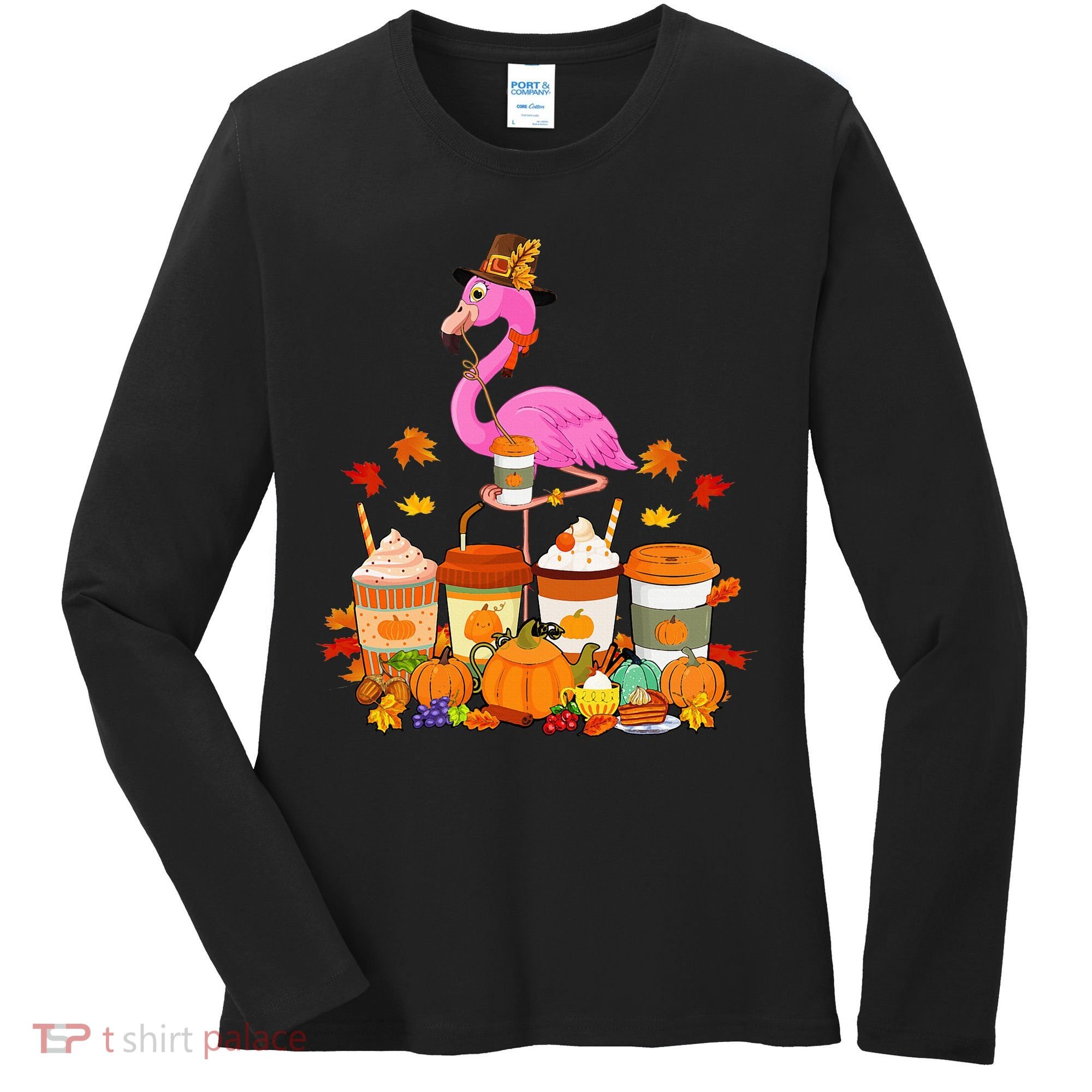 Thanksgiving Flamingo Wearing Hat Fall Coffee Cups Lover Women's Long Sleeve Shirt