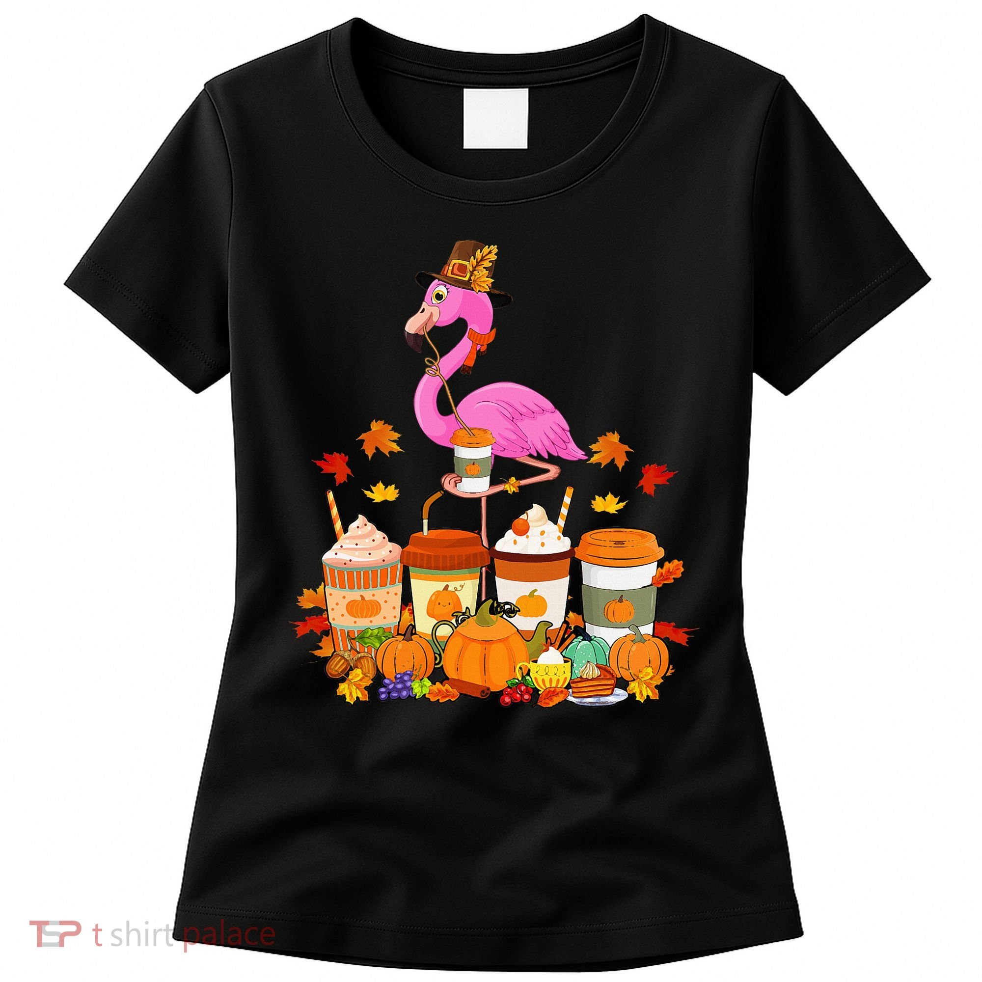Thanksgiving Flamingo Wearing Hat Fall Coffee Cups Lover Women's T-Shirt