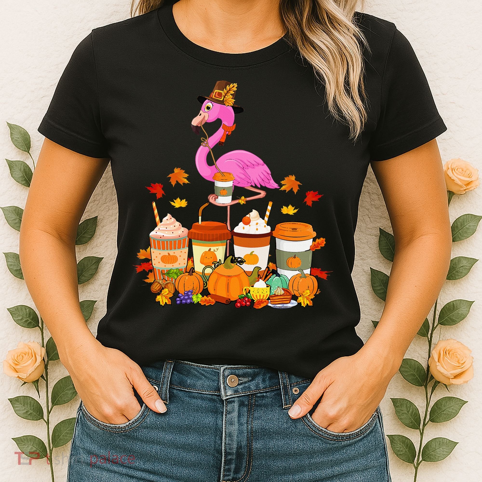 Thanksgiving Flamingo Wearing Hat Fall Coffee Cups Lover Women's T-Shirt