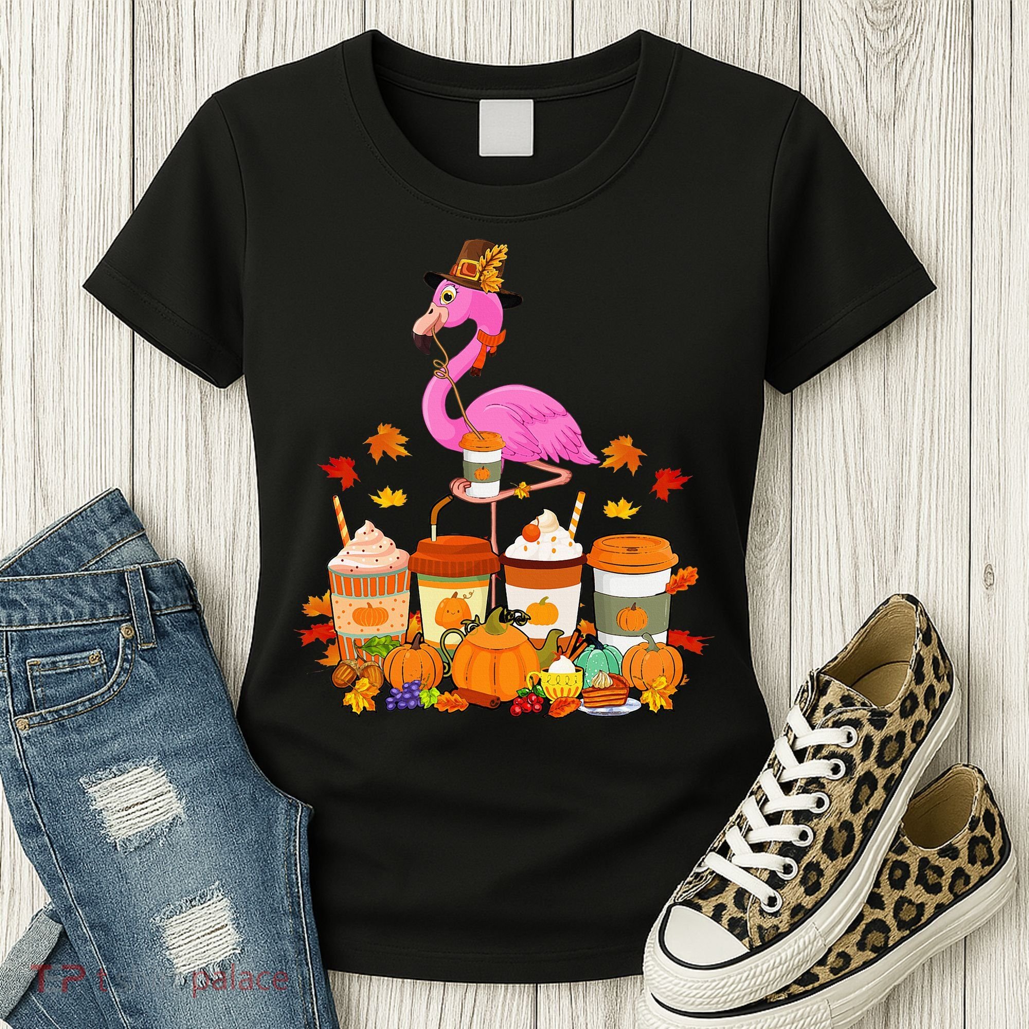 Thanksgiving Flamingo Wearing Hat Fall Coffee Cups Lover Women's T-Shirt
