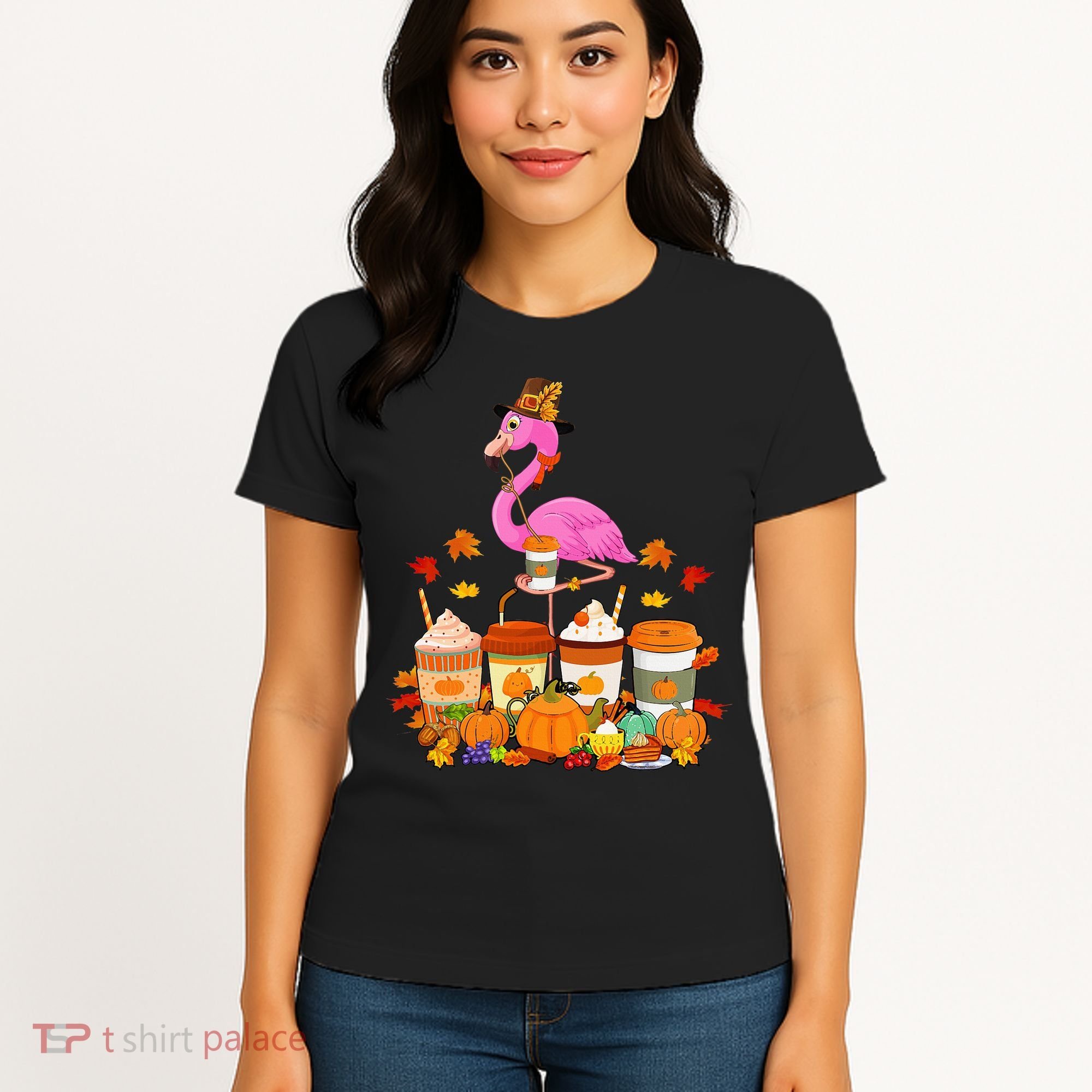 Thanksgiving Flamingo Wearing Hat Fall Coffee Cups Lover Women's T-Shirt