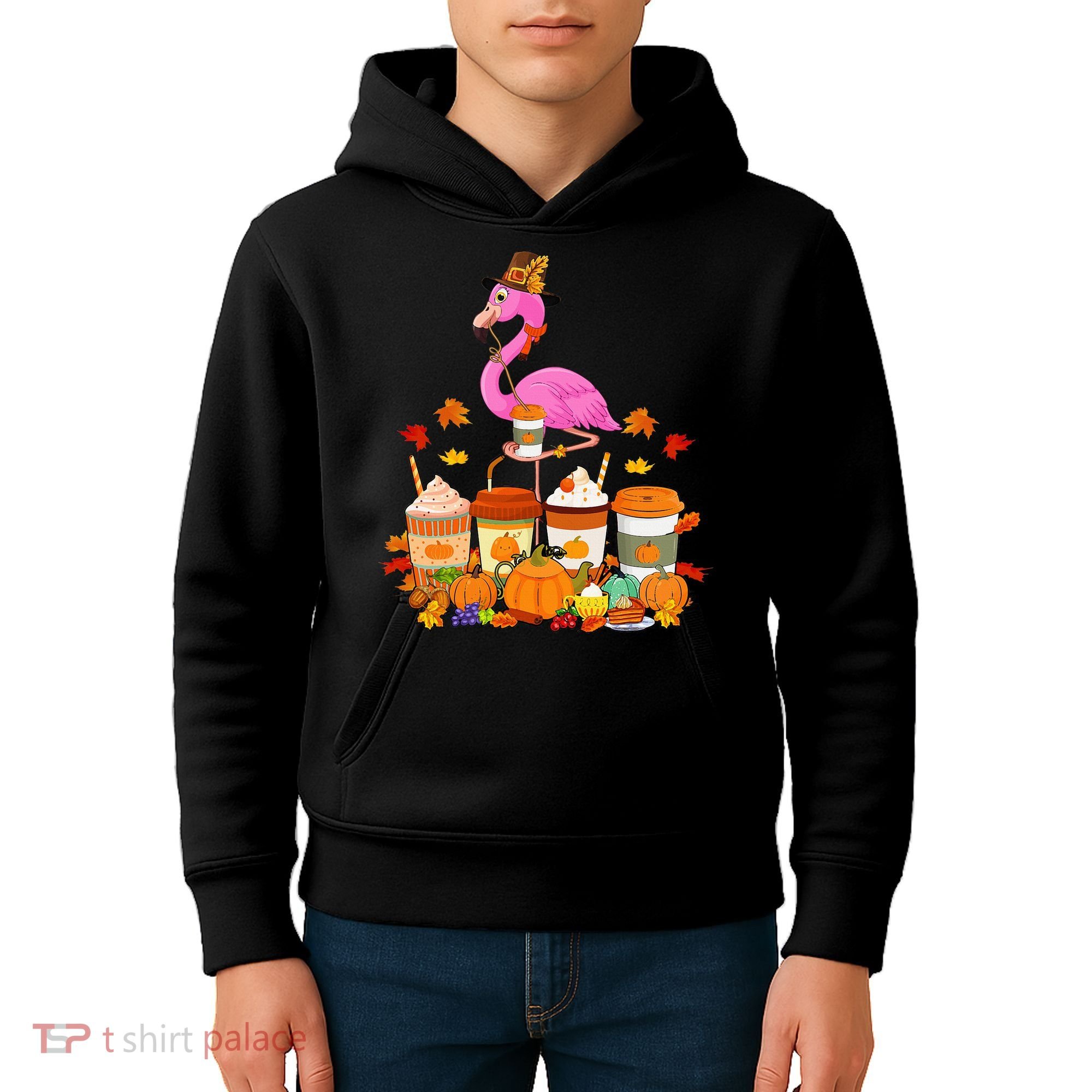 Thanksgiving Flamingo Wearing Hat Fall Coffee Cups Lover Kids Hoodie