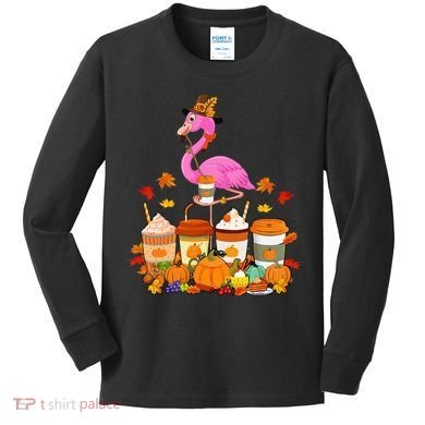 Thanksgiving Flamingo Wearing Hat Fall Coffee Cups Lover Kids Long Sleeve Shirt