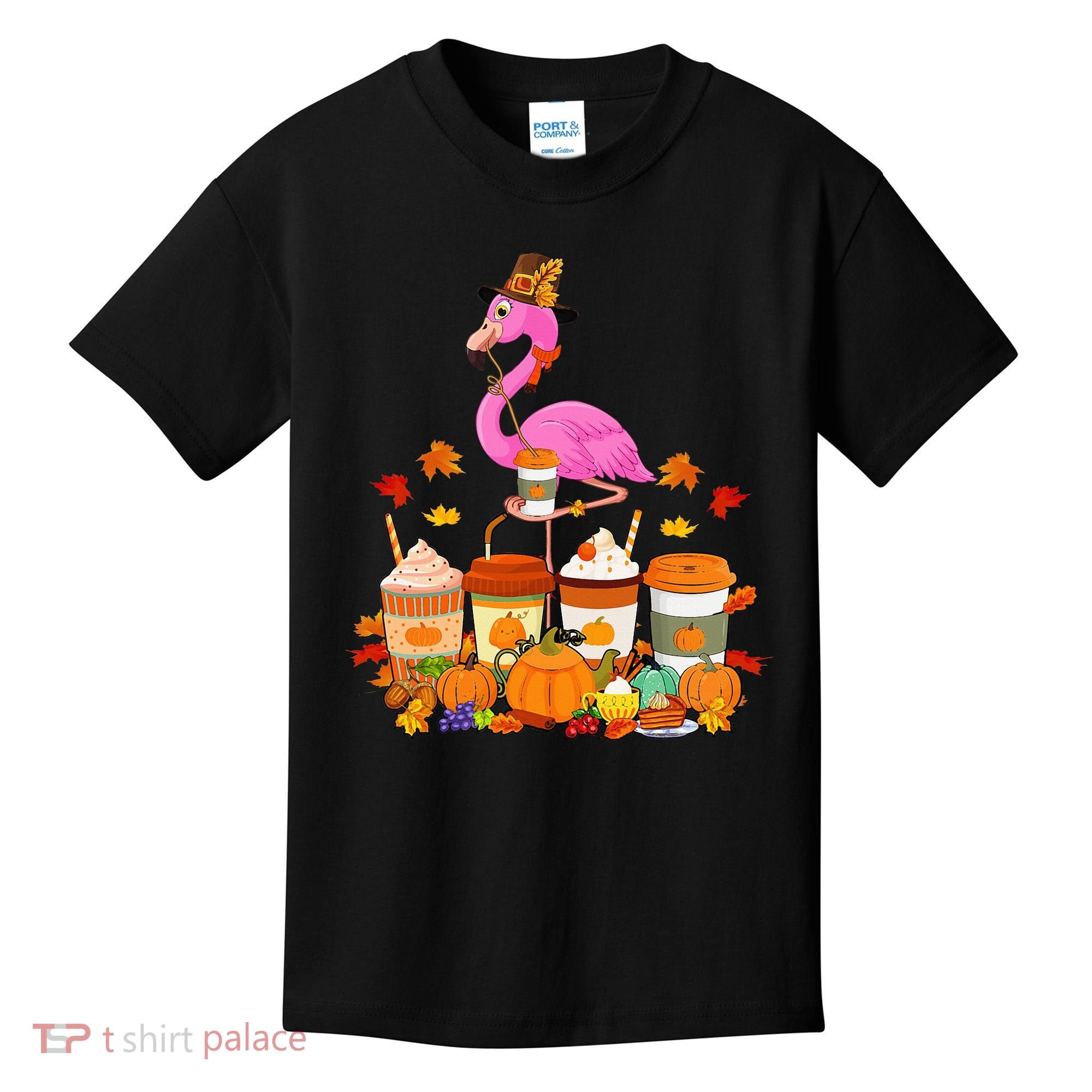 Thanksgiving Flamingo Wearing Hat Fall Coffee Cups Lover Kids T-Shirt