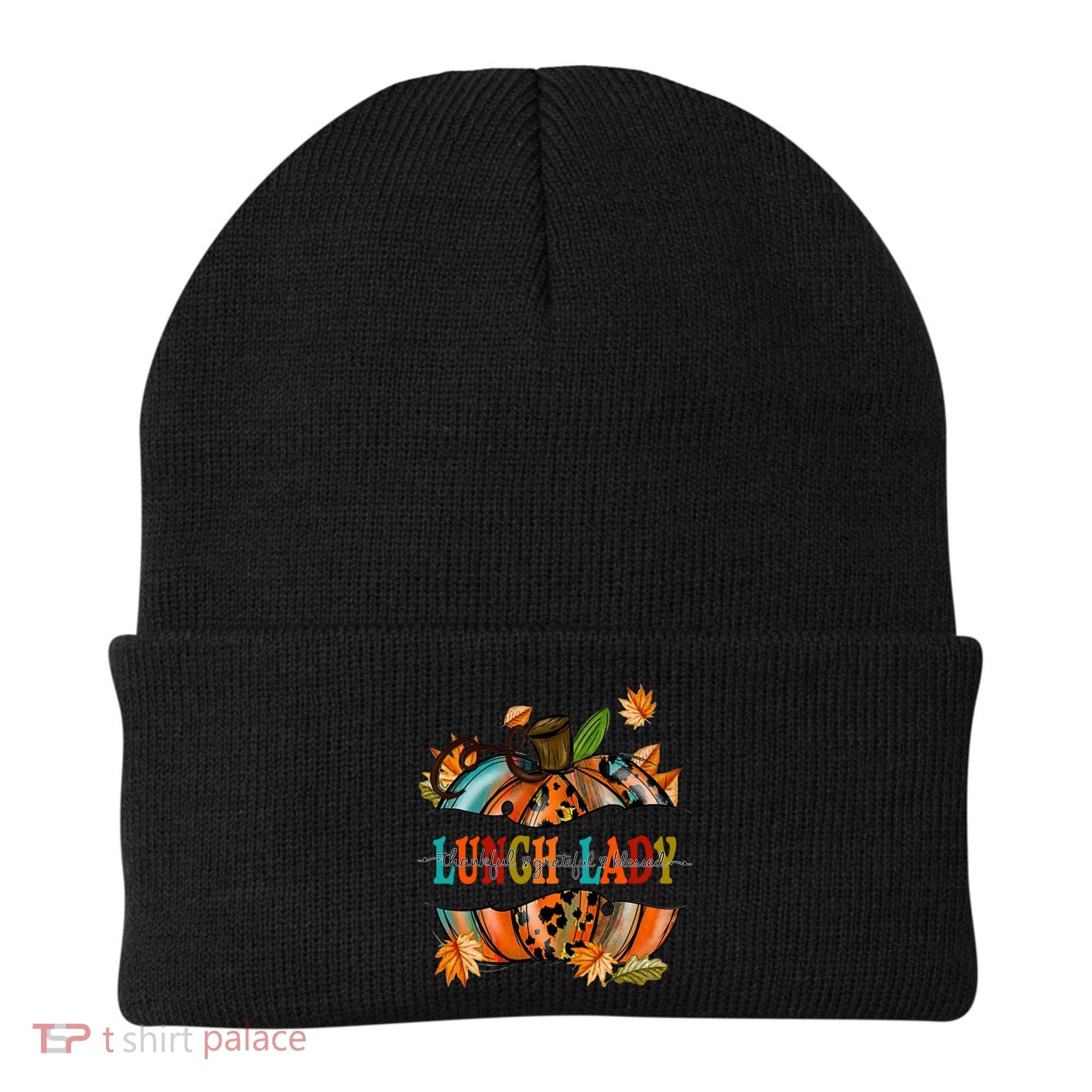 Thankful Grateful Blessed Lunch Lady Graphic Pumpkin Autumn Cool Gift Beanie